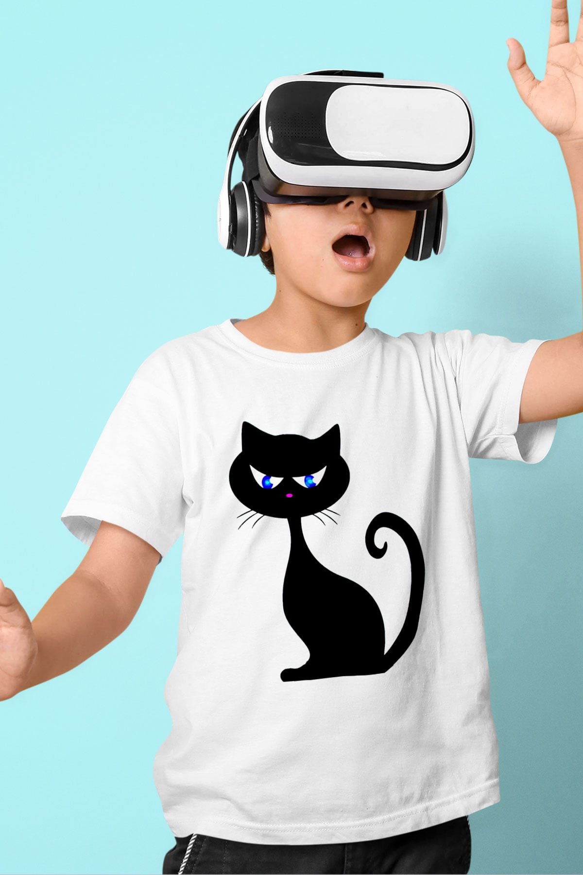 Kedi Baskılı Beyaz Unisex Çocuk Tişört
