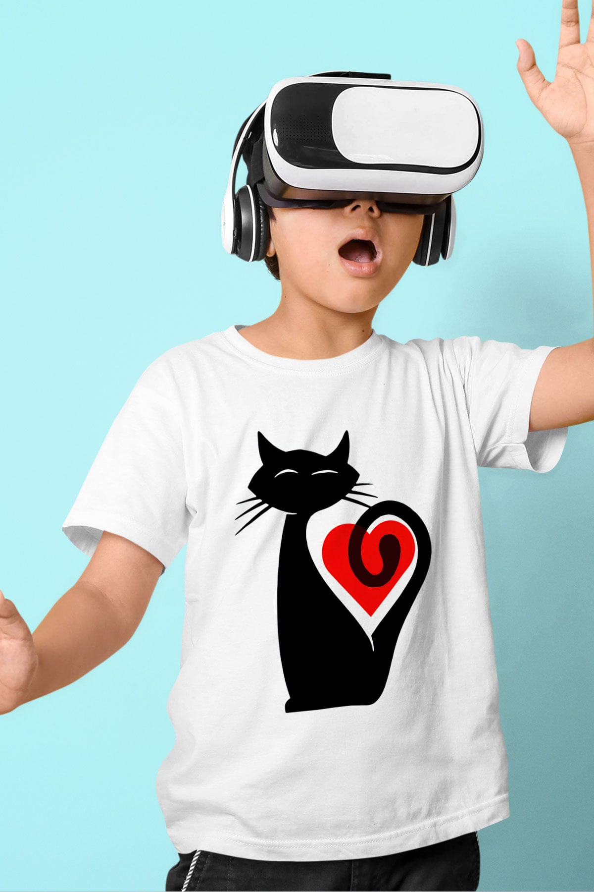 Kedi Baskılı Beyaz Unisex Çocuk Tişört