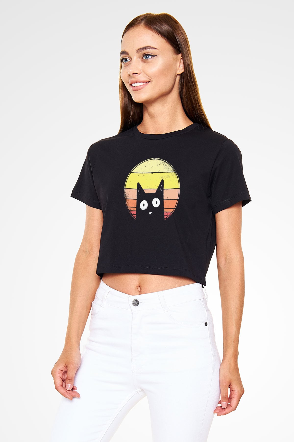 Kedi Baskılı  Siyah  Crop Top Tişört