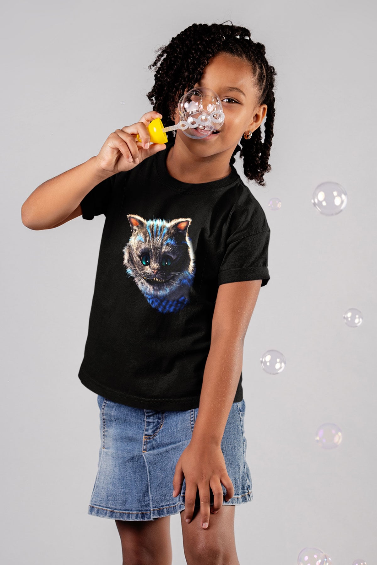 Kedi Baskılı Siyah Unisex Çocuk Tişört