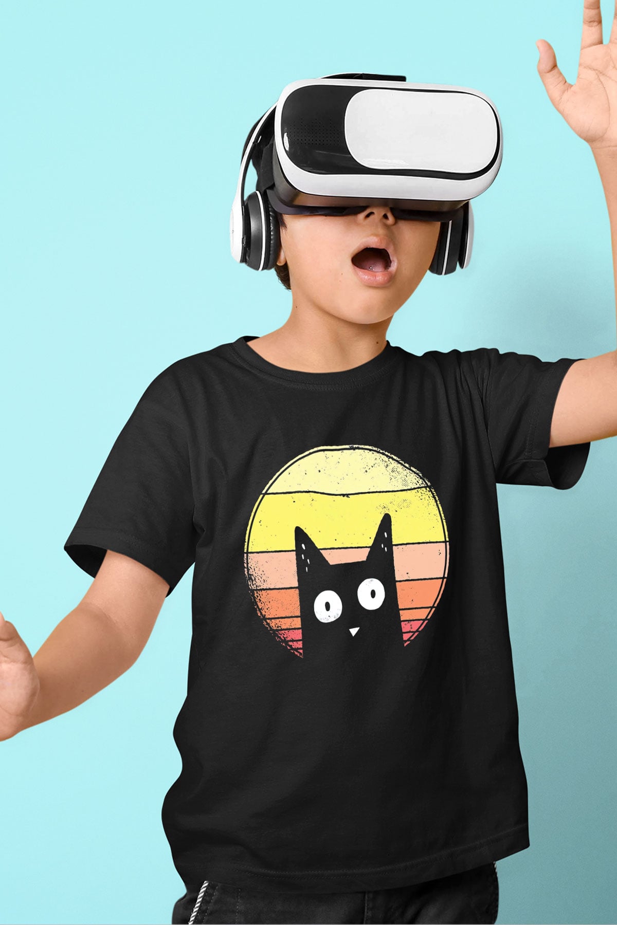 Kedi Baskılı Unisex Siyah  Çocuk Tişört