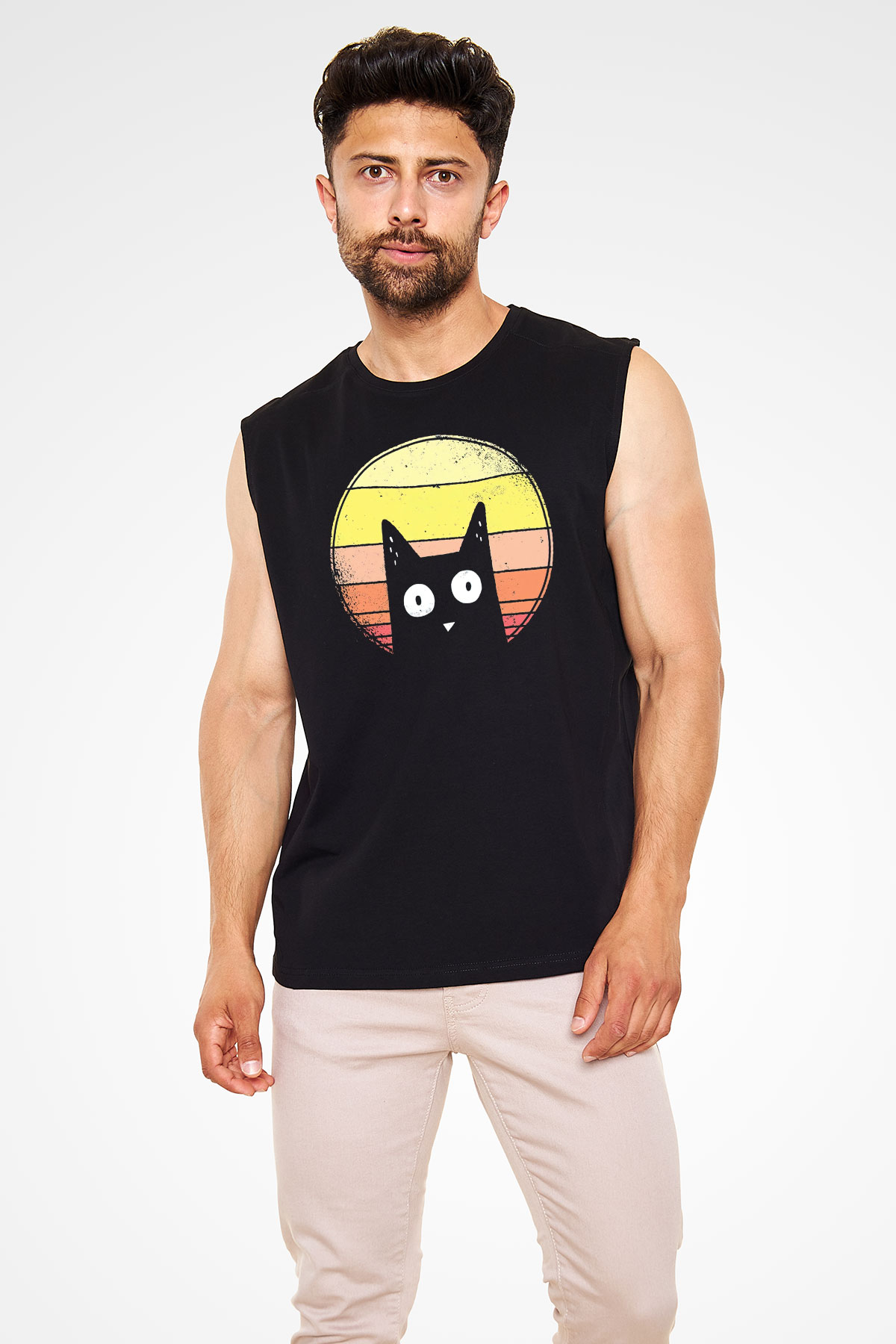 Kedi Baskılı Unisex Siyah  Kolsuz Tişört