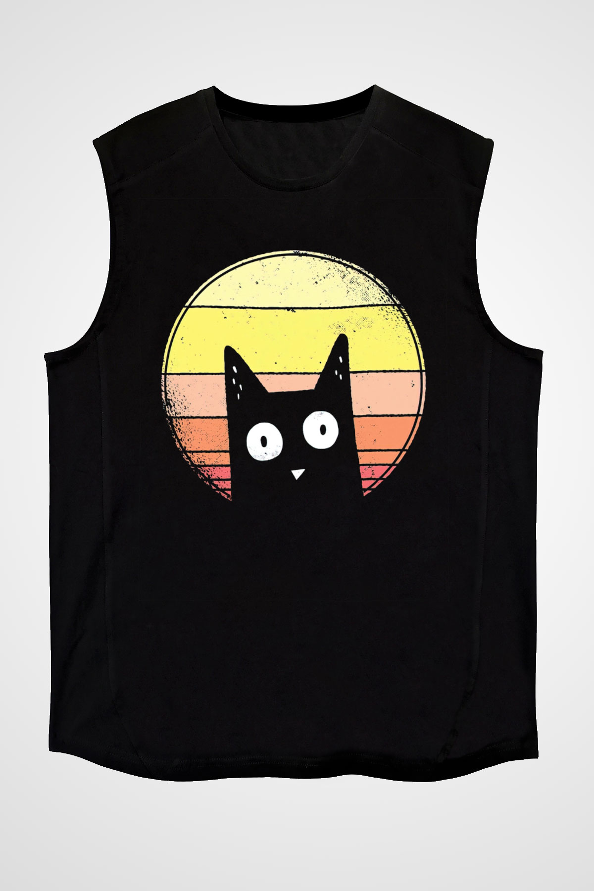 Kedi Baskılı Unisex Siyah  Kolsuz Tişört