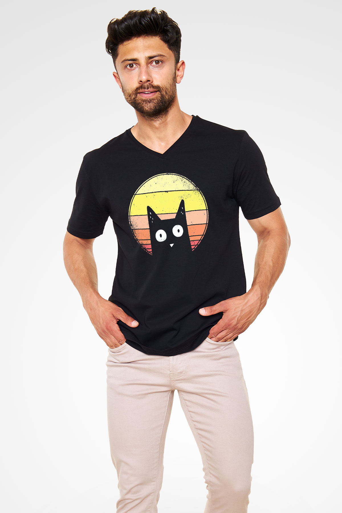 Kedi Baskılı Unisex Siyah  V Yaka Tişört