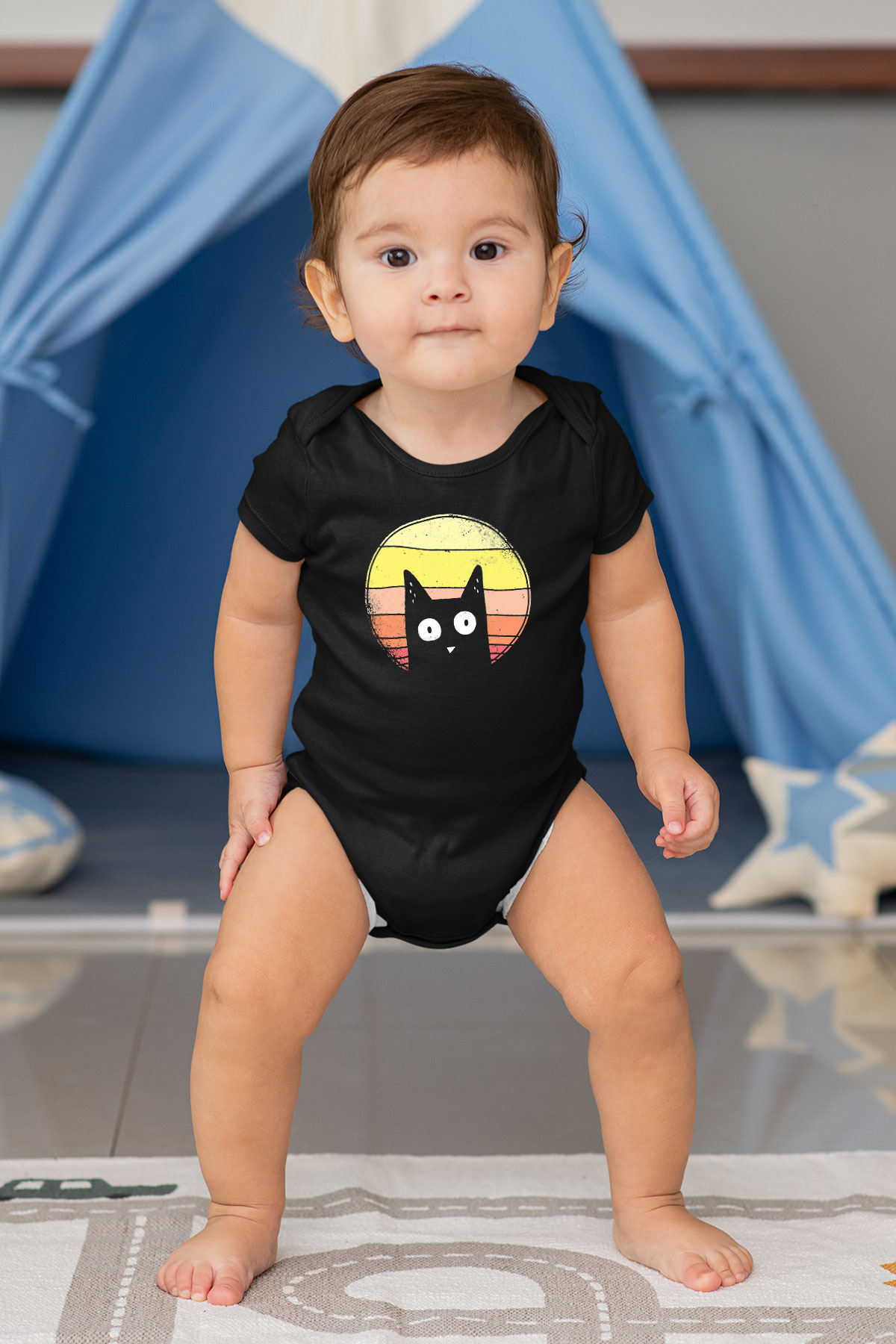 Kedi BaskılıSiyah Tshirt Bebek Body - Zıbın