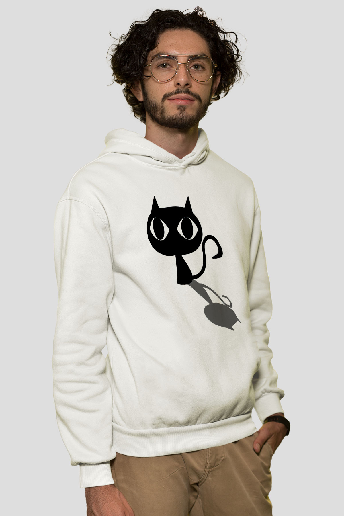 Kedi Beyaz Unisex Kapşonlu Sweatshirt
