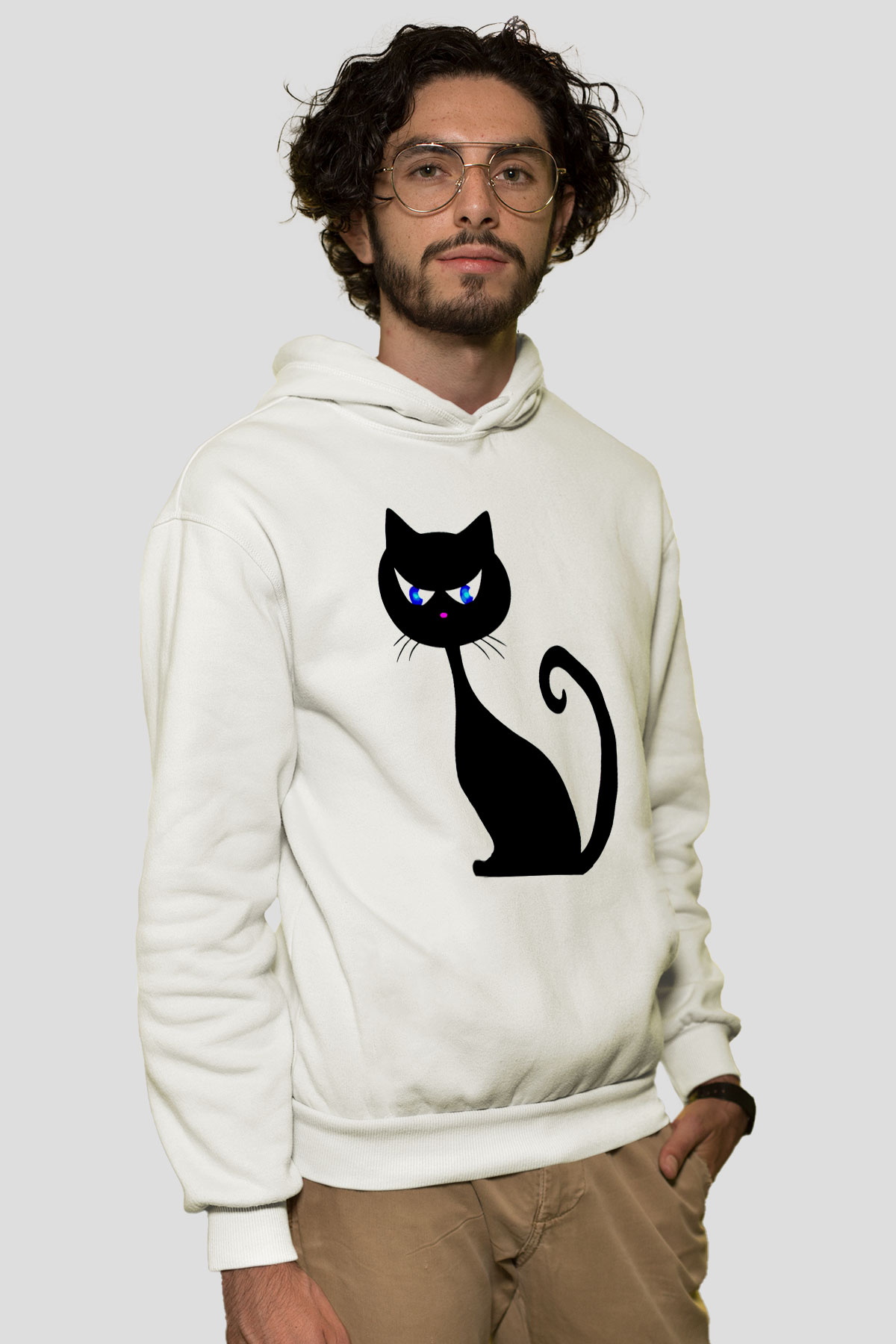 Kedi Beyaz Unisex Kapşonlu Sweatshirt