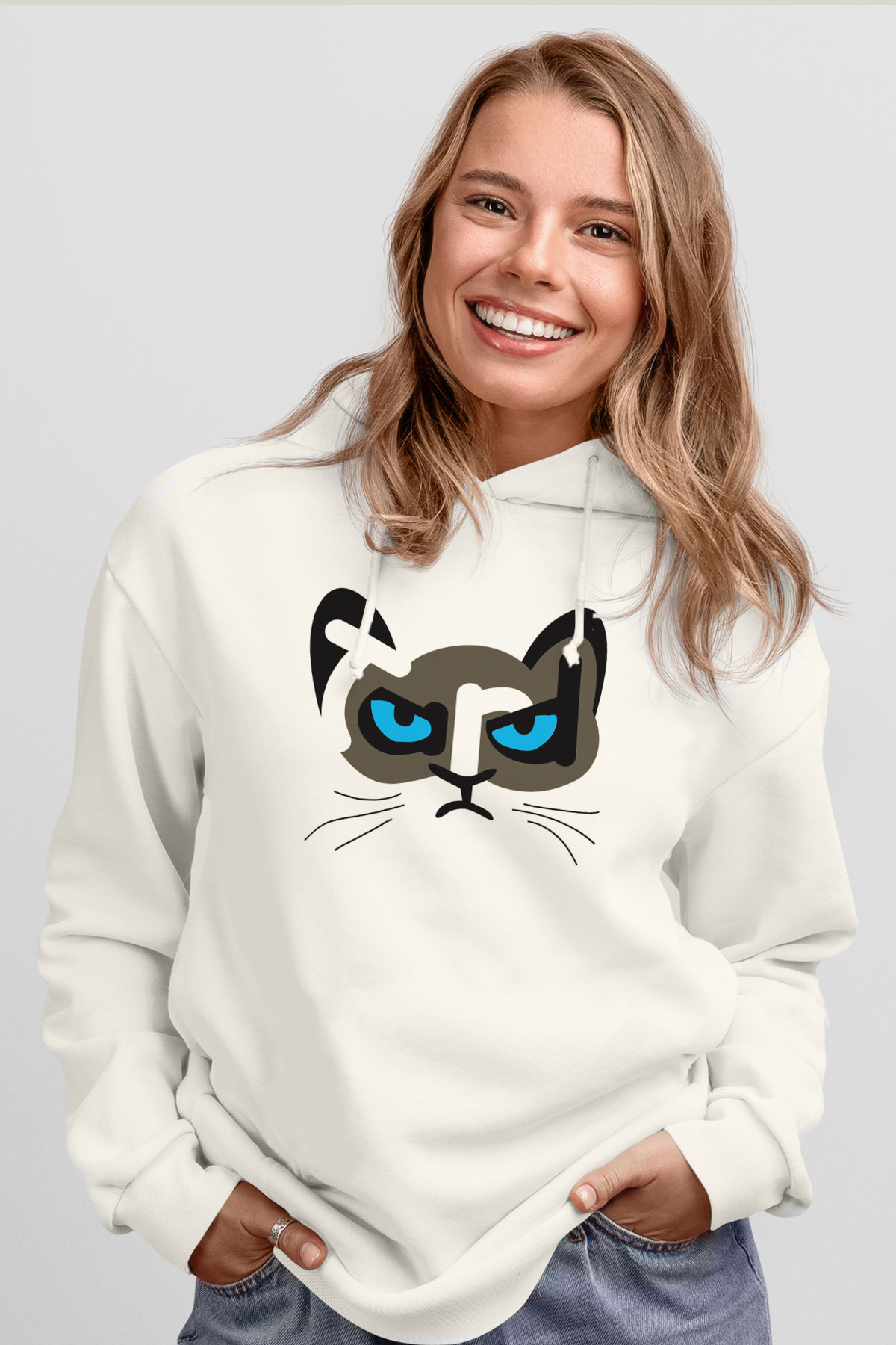 Kedi Beyaz Unisex Kapşonlu Sweatshirt