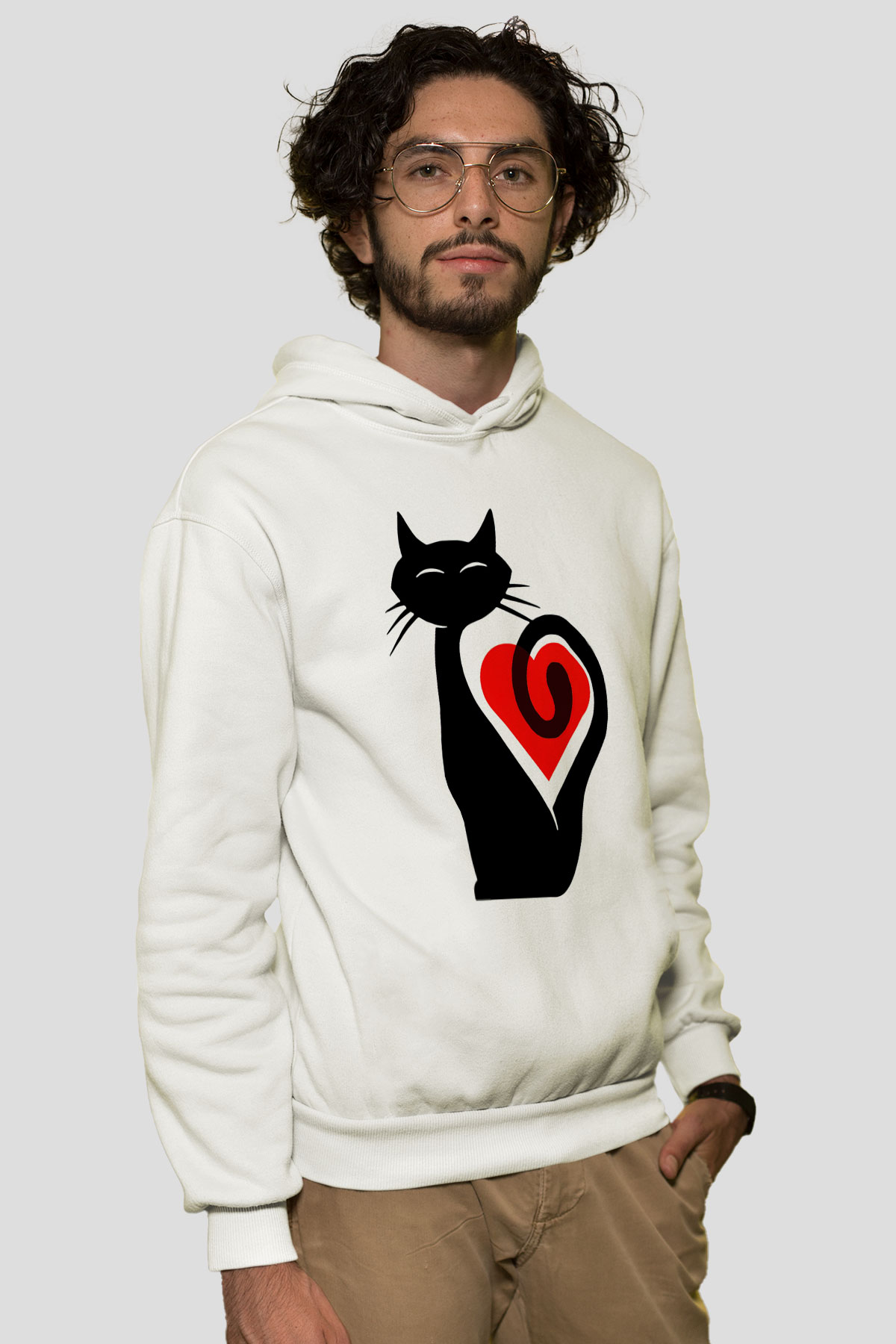 Kedi Beyaz Unisex Kapşonlu Sweatshirt