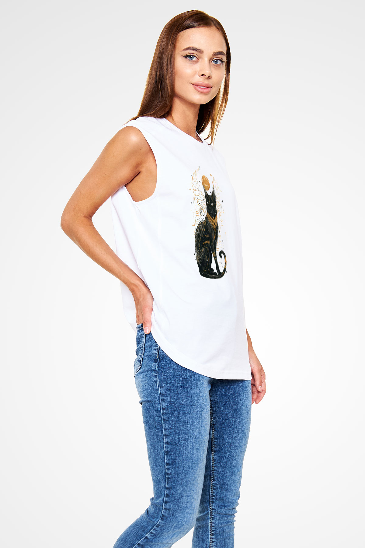 Kedi Beyaz Unisex Kolsuz Tişört