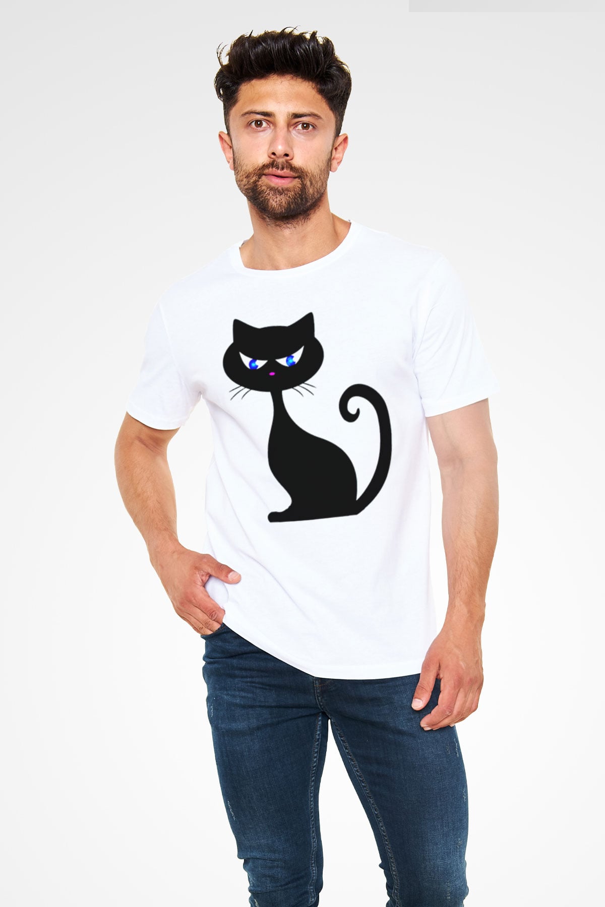 Kedi Beyaz Unisex Tişört T-Shirt - TişörtFabrikası