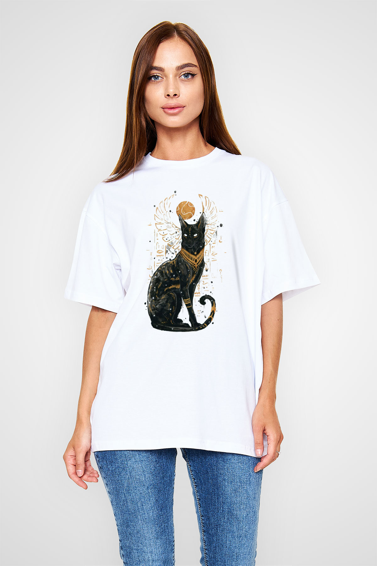 Kedi Beyaz Oversize Tişört Oversize T-shirt - TişörtFabrikası
