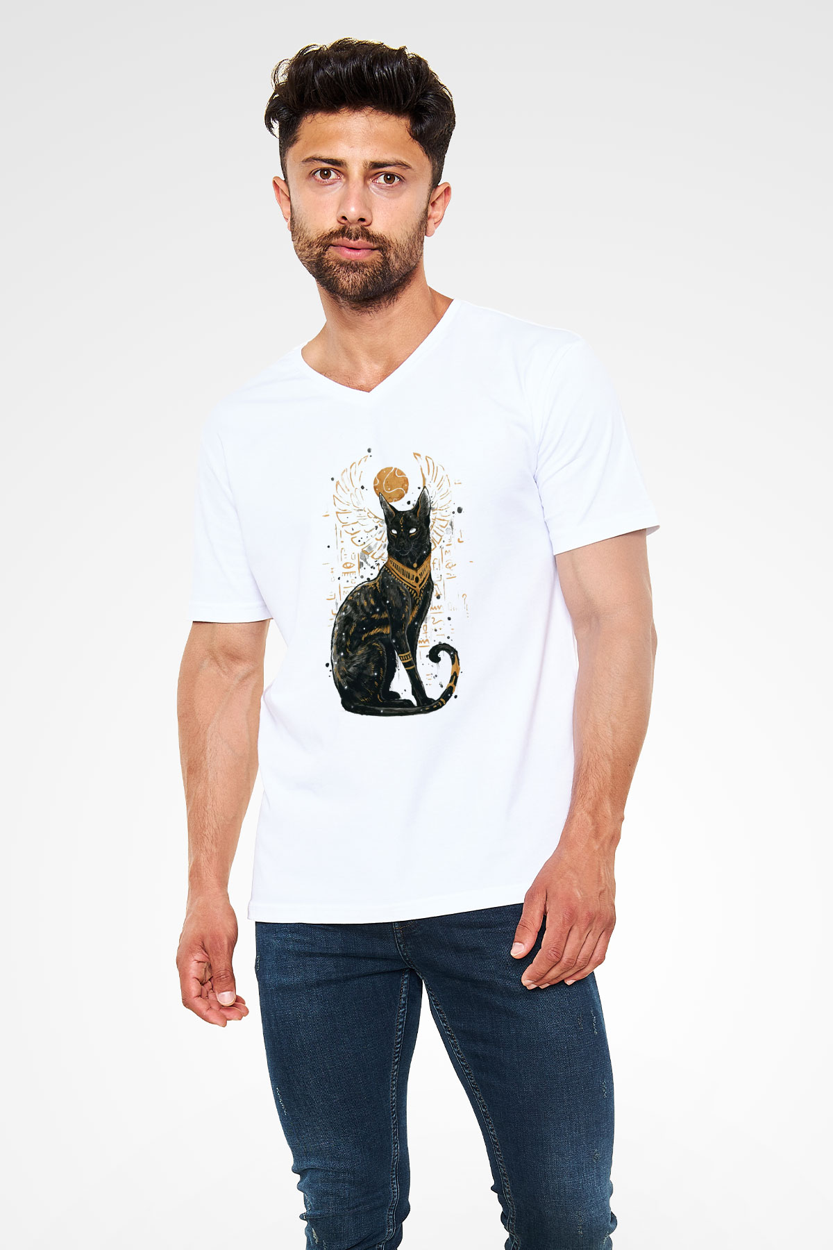 Kedi Beyaz Unisex V Yaka Tişört