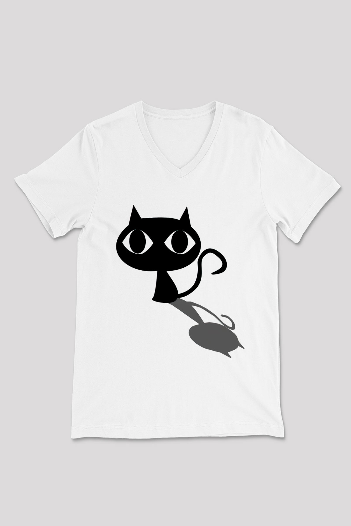 Kedi Beyaz Unisex V Yaka Tişört T-Shirt