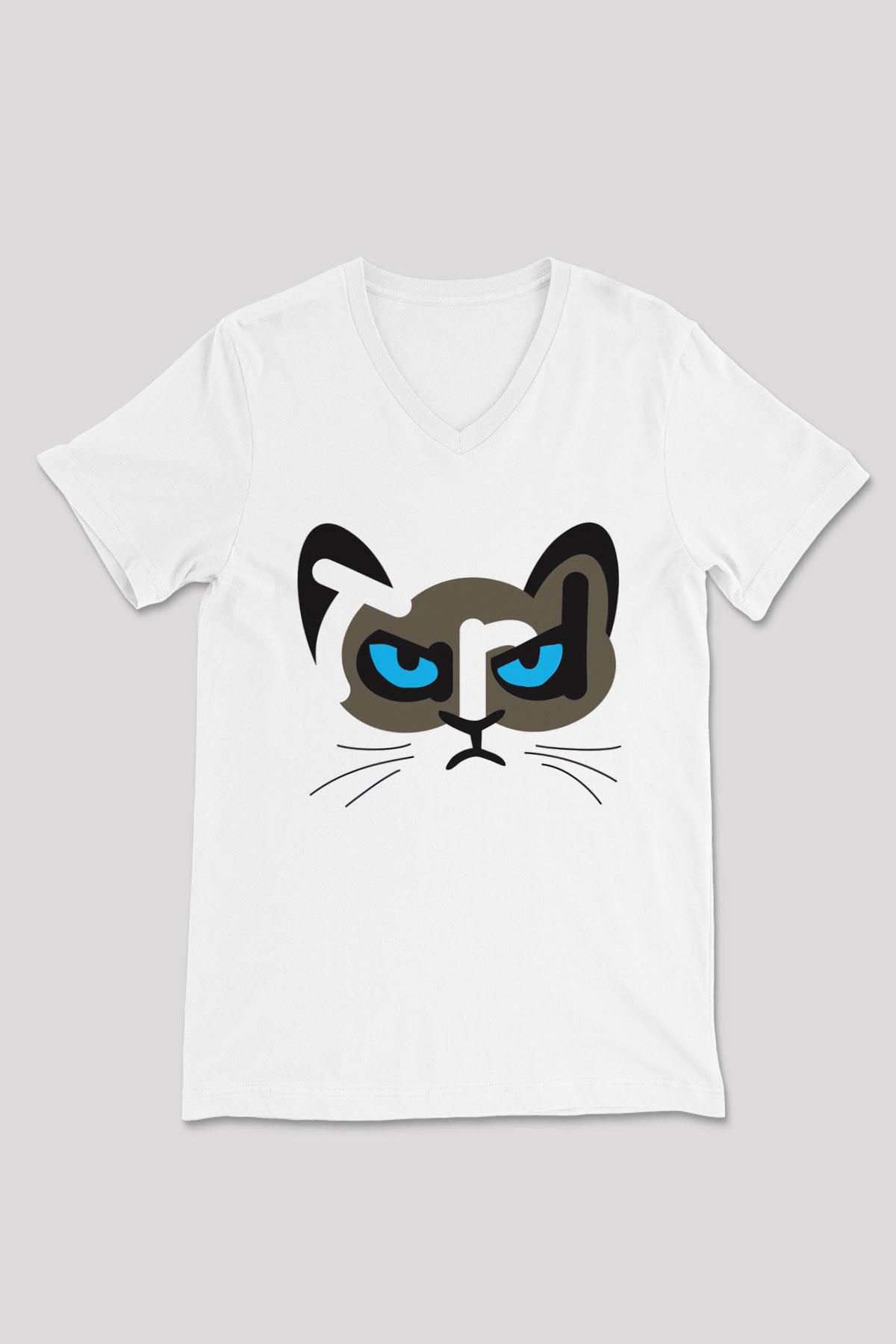 Kedi Beyaz Unisex V Yaka Tişört T-Shirt