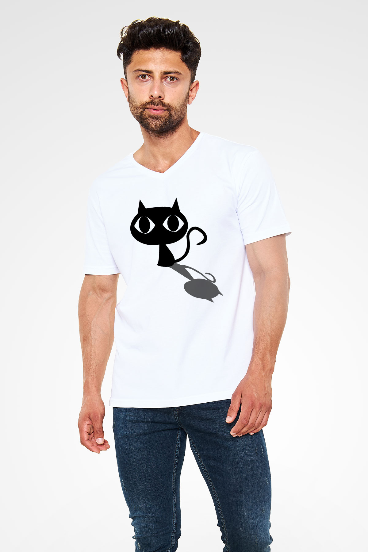 Kedi Beyaz Unisex V Yaka Tişört T-Shirt