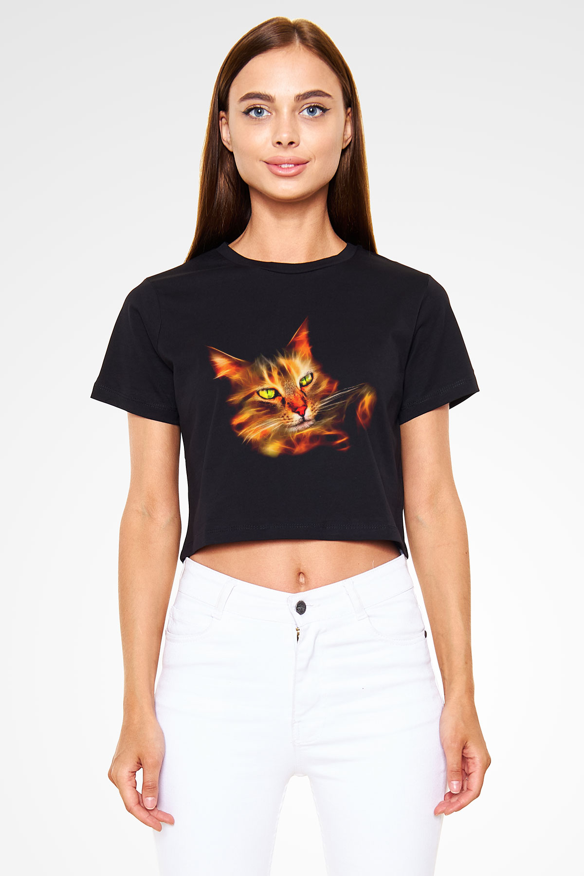 Kedi Siyah Crop Top Tişört