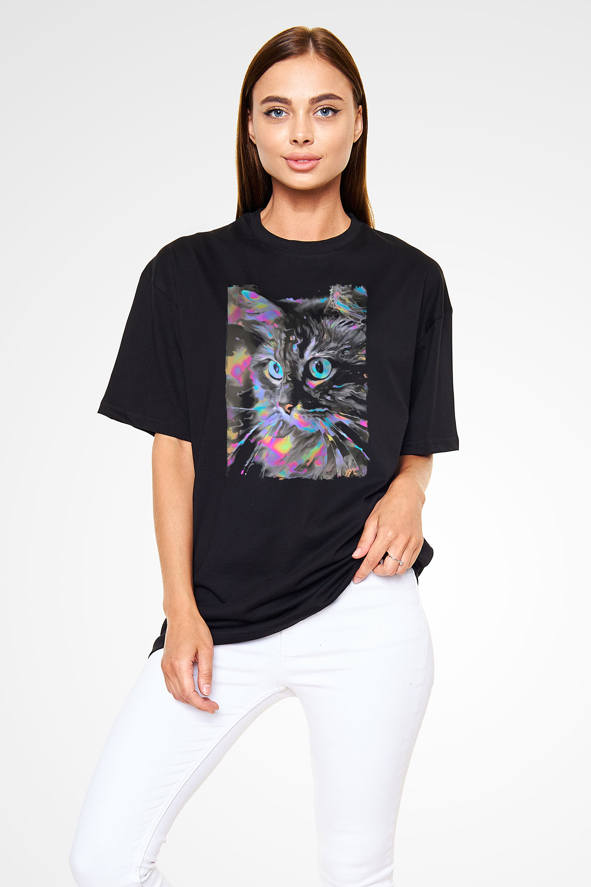 Kedi Siyah Oversize Tişört Oversize T-shirt - TişörtFabrikası