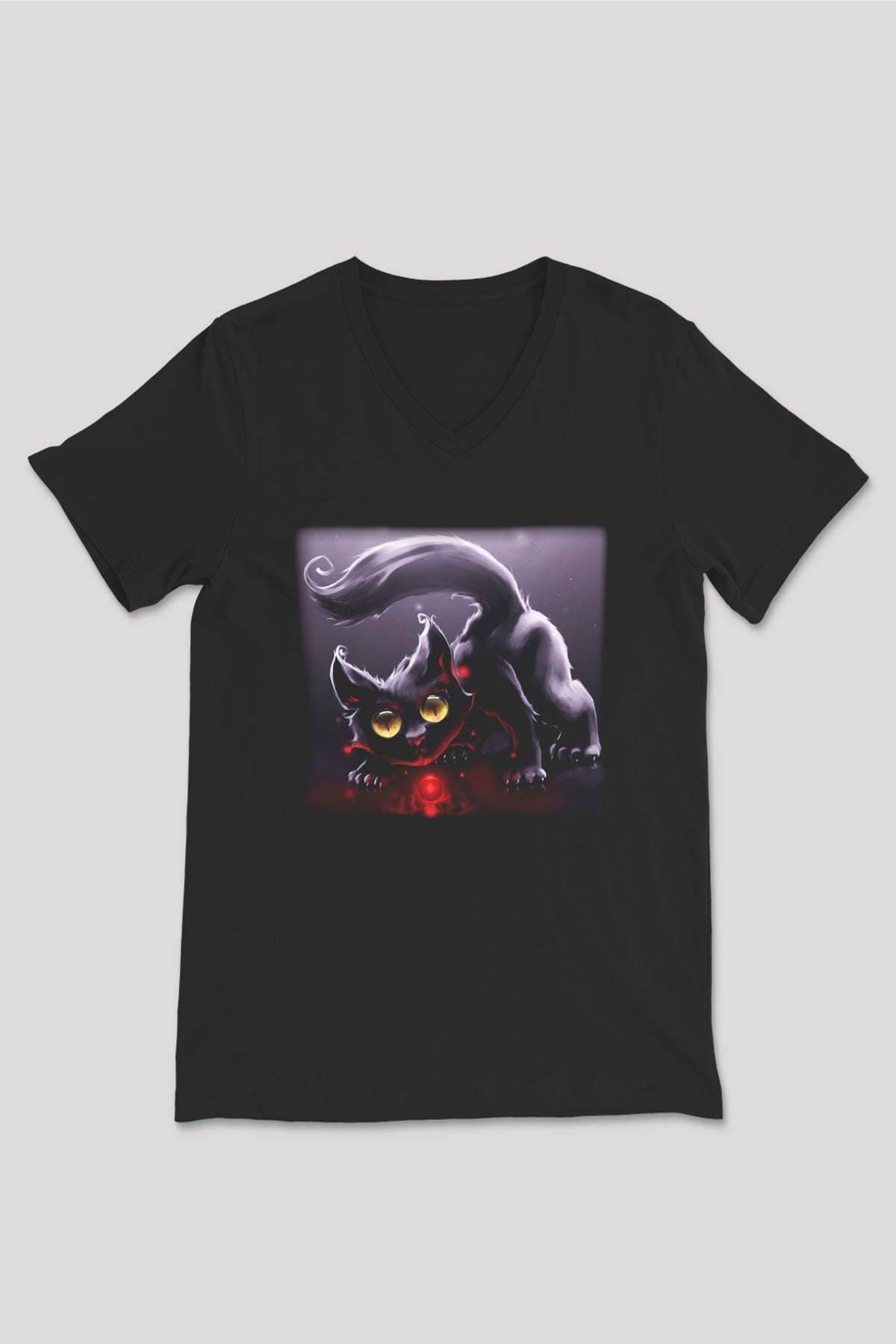Kedi Siyah Unisex V Yaka Tişört T-Shirt