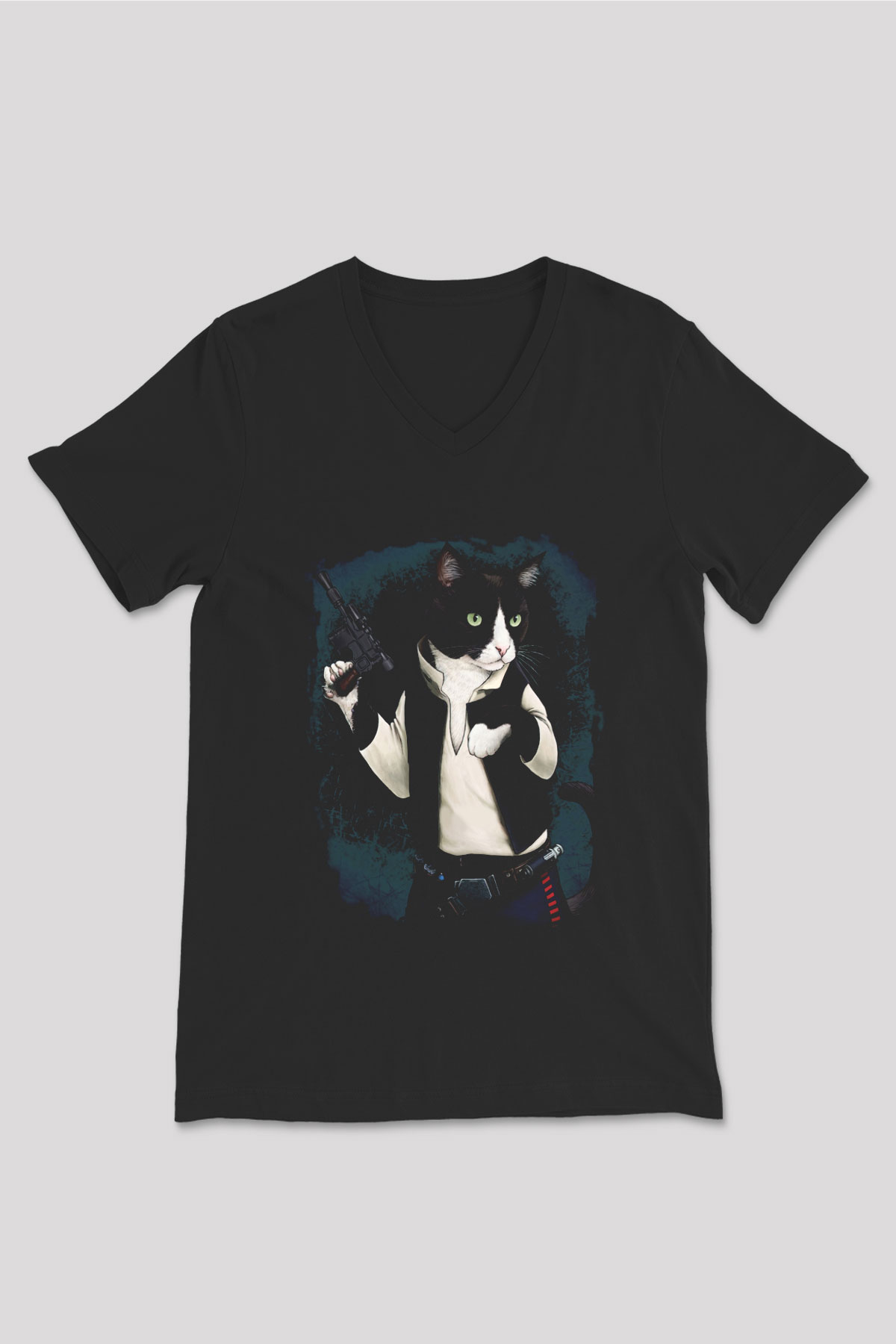 Kedi Siyah Unisex V Yaka Tişört T-Shirt