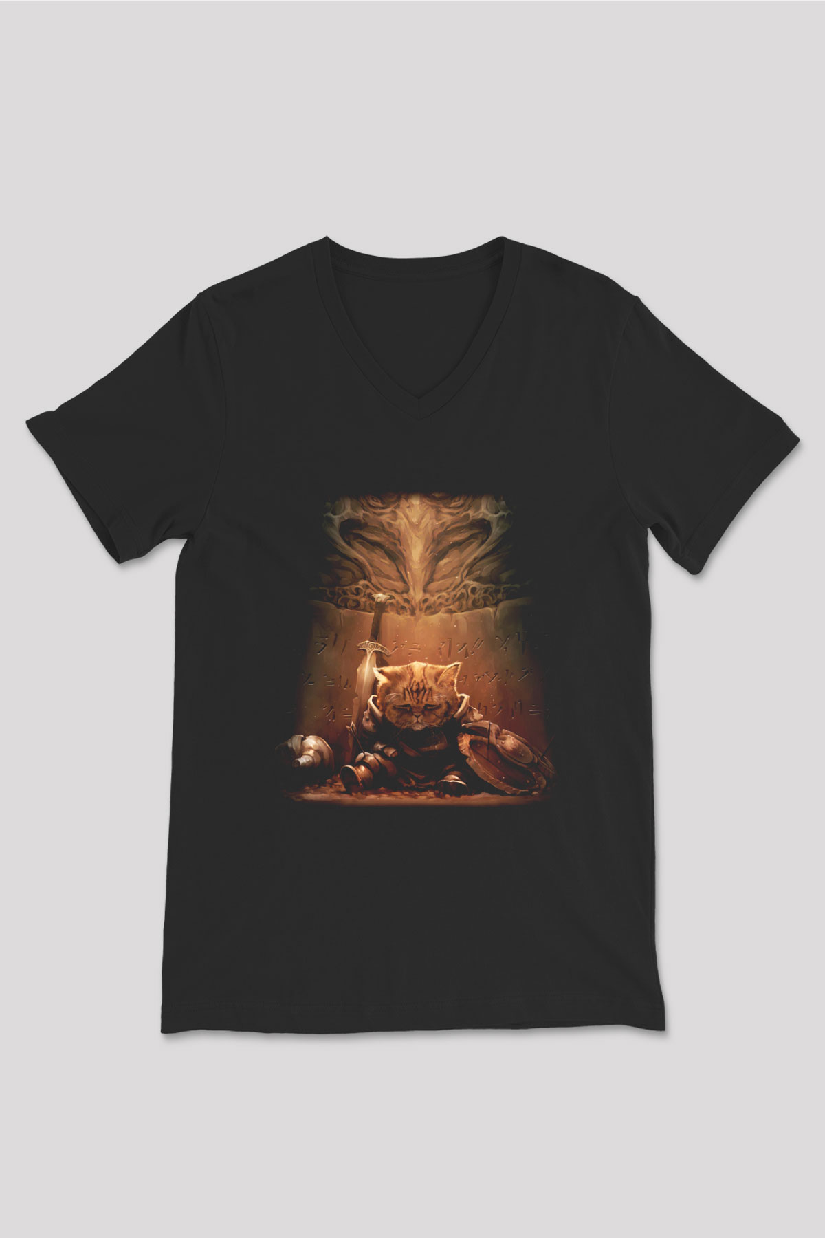 Kedi Siyah Unisex V Yaka Tişört T-Shirt