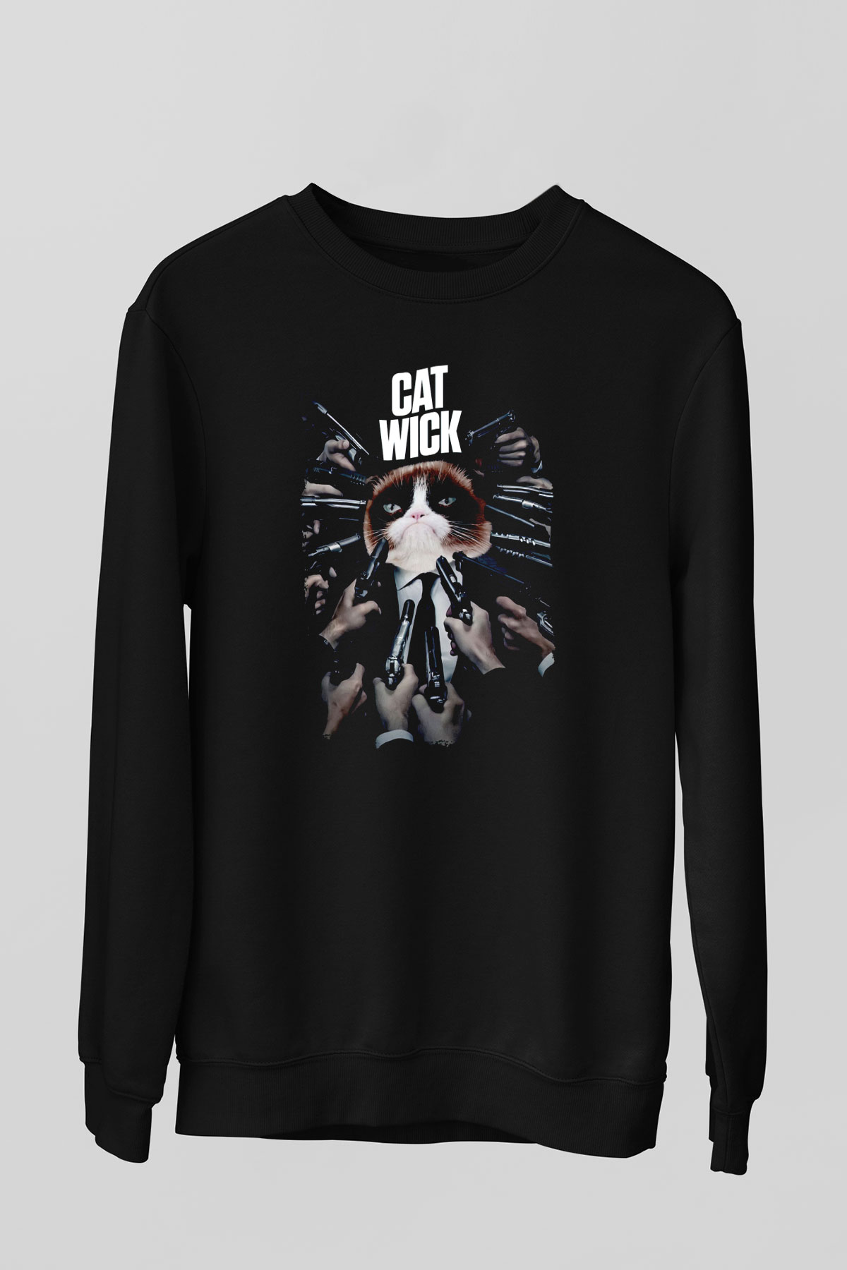 Kedi Wick Baskılı Unisex Siyah  Sweatshirt