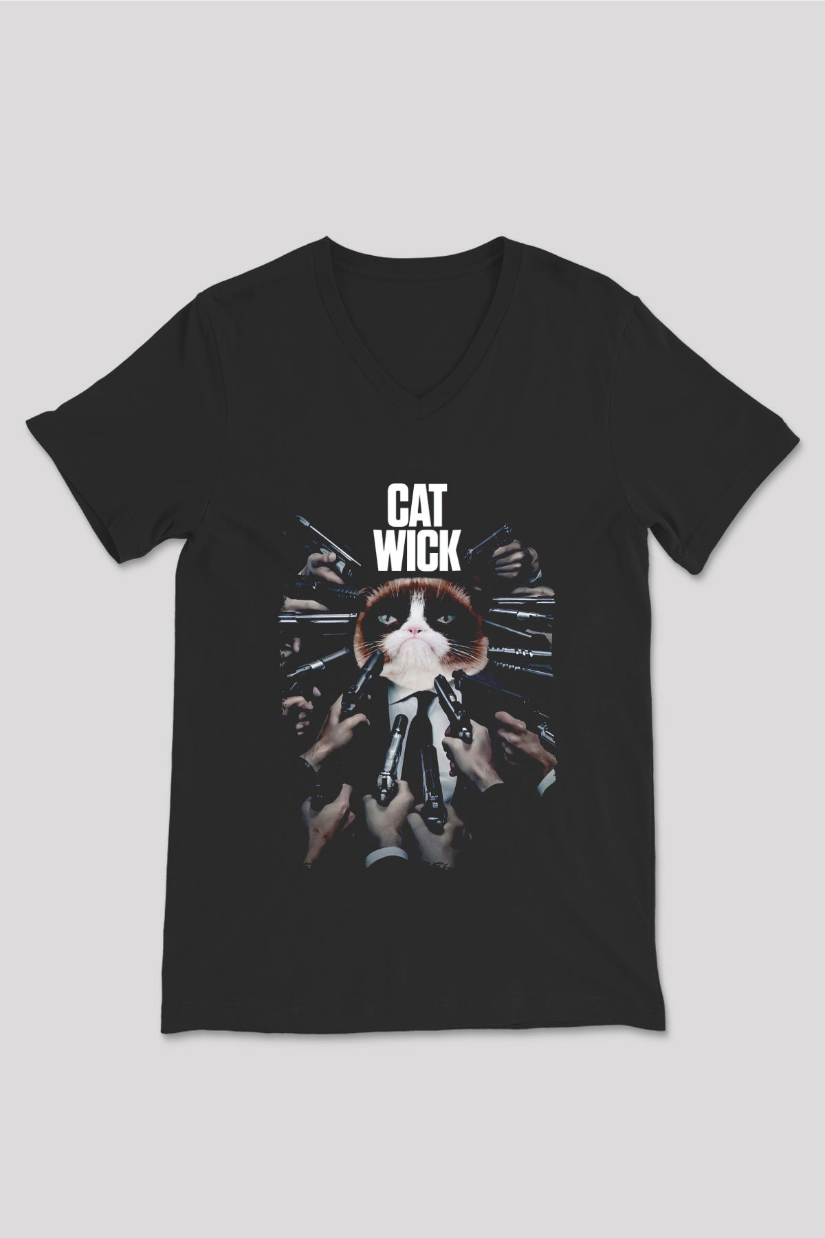 Kedi Wick Baskılı Unisex Siyah  V Yaka Tişört