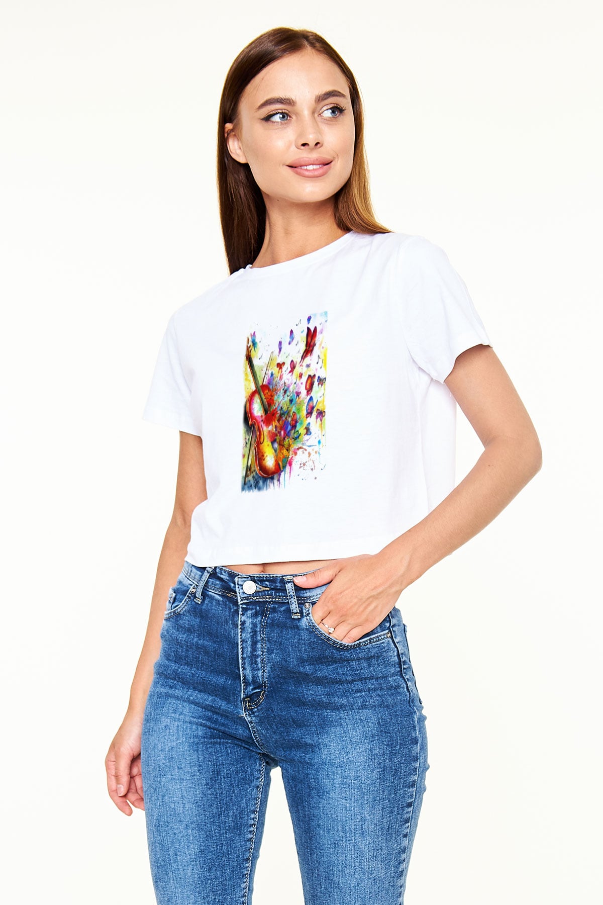 Kemancı Beyaz Croptop Tişört