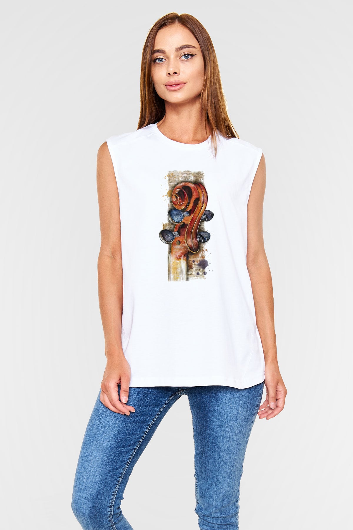 Kemancı Beyaz Unisex Kolsuz Tişört