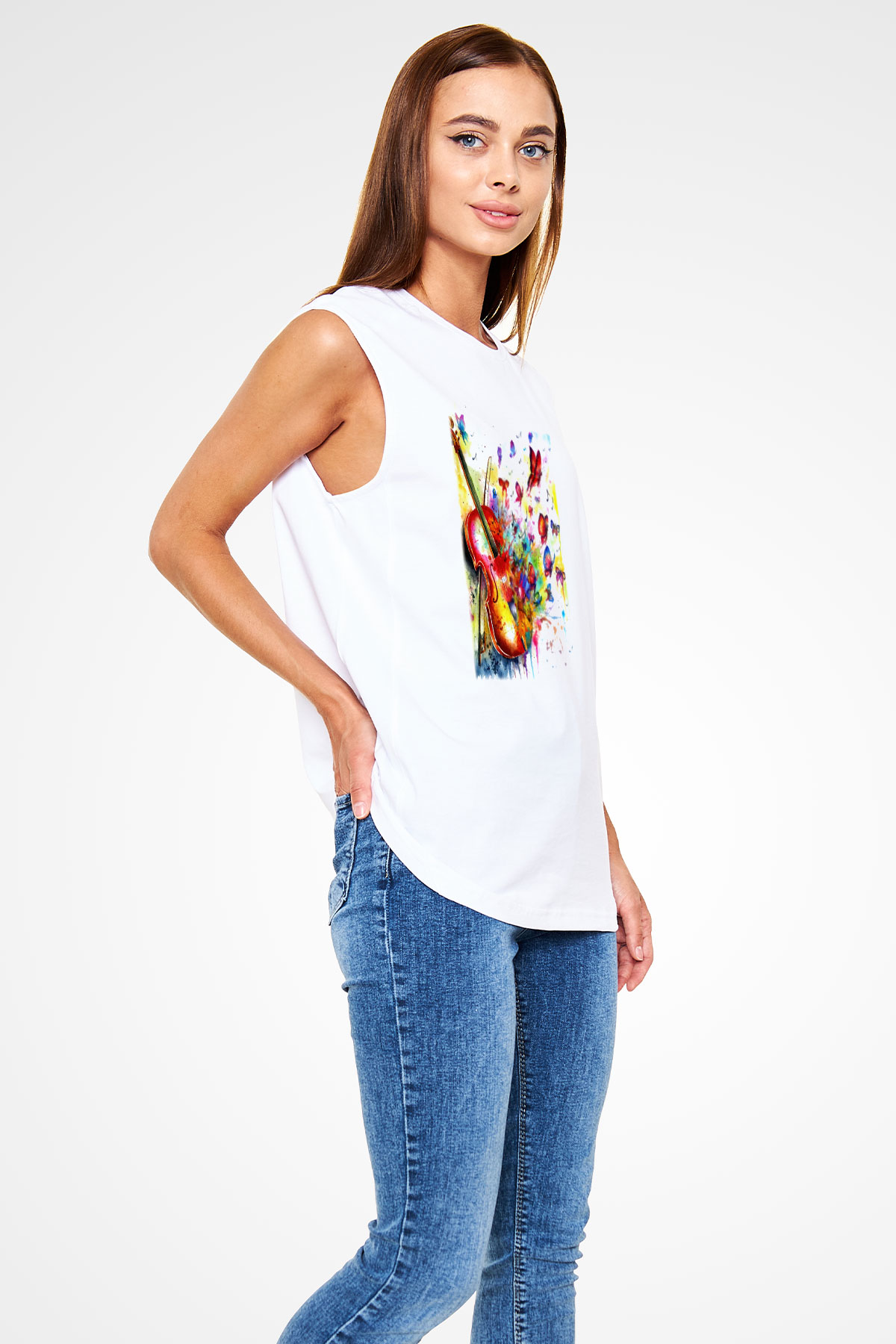 Kemancı Beyaz Unisex Kolsuz Tişört