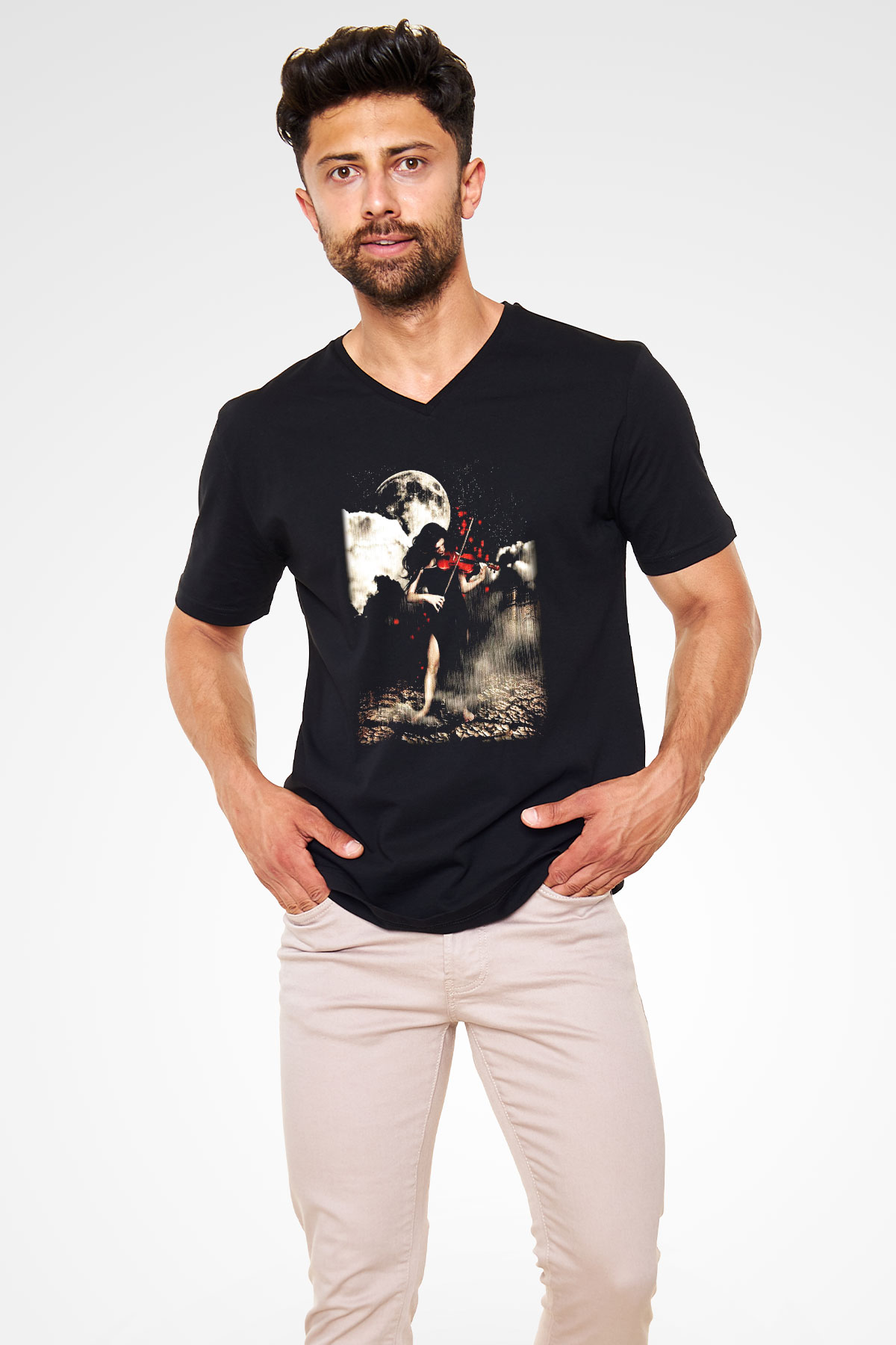 Kemancı Siyah Unisex V Yaka Tişört T-Shirt