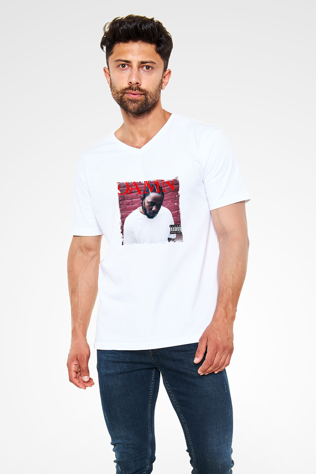 Kendrick Lamar Baskılı Beyaz V Yaka Unisex Tişört