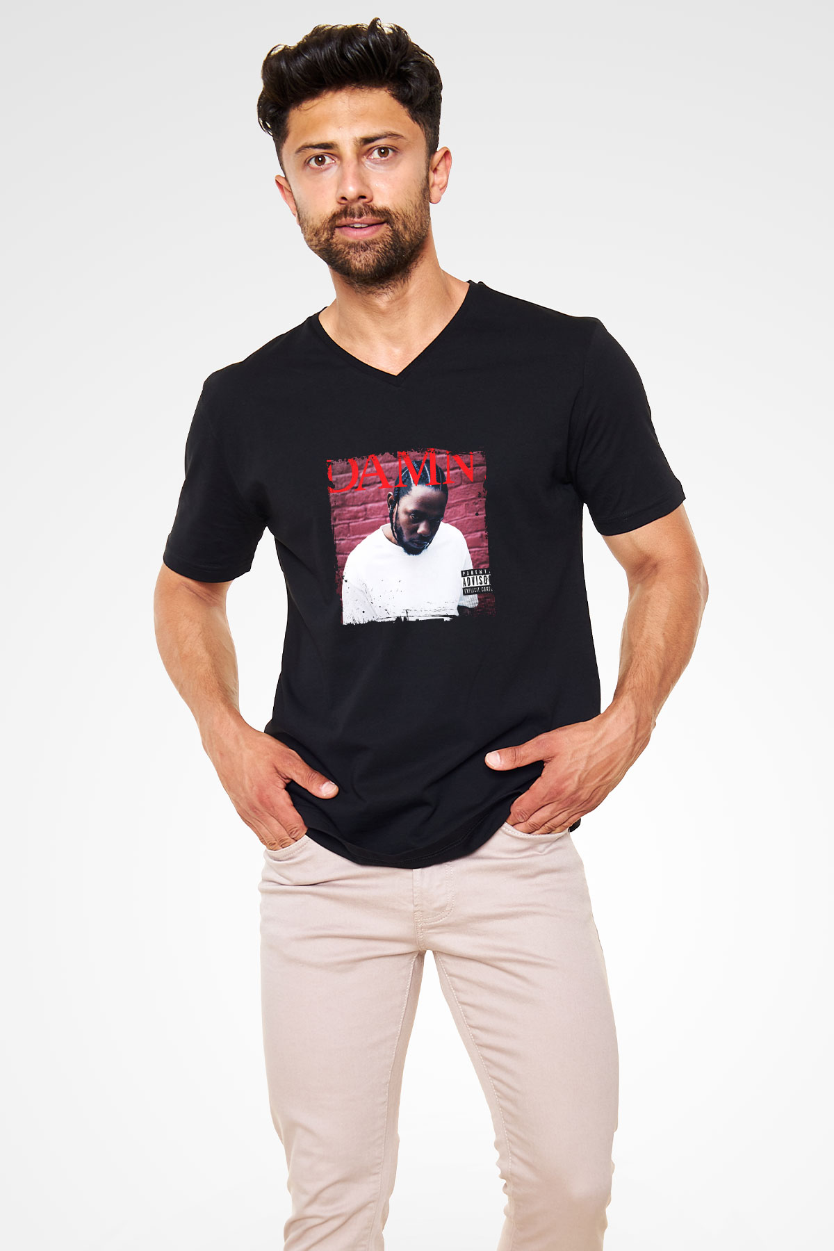 Kendrick Lamar Baskılı Unisex Siyah V Yaka Tişört