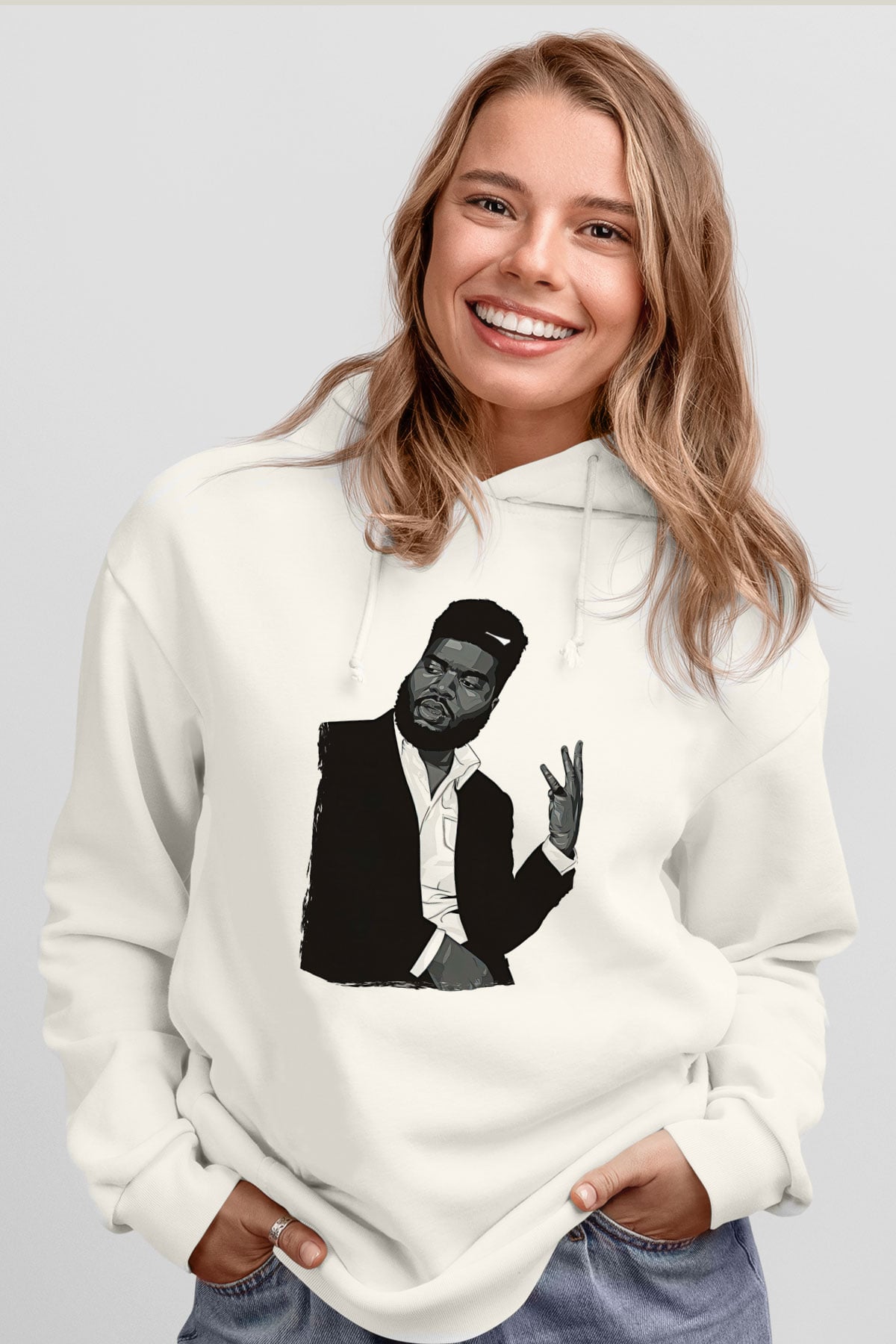 Khalid Baskılı Beyaz Unisex Kapüşonlu Sweatshirt