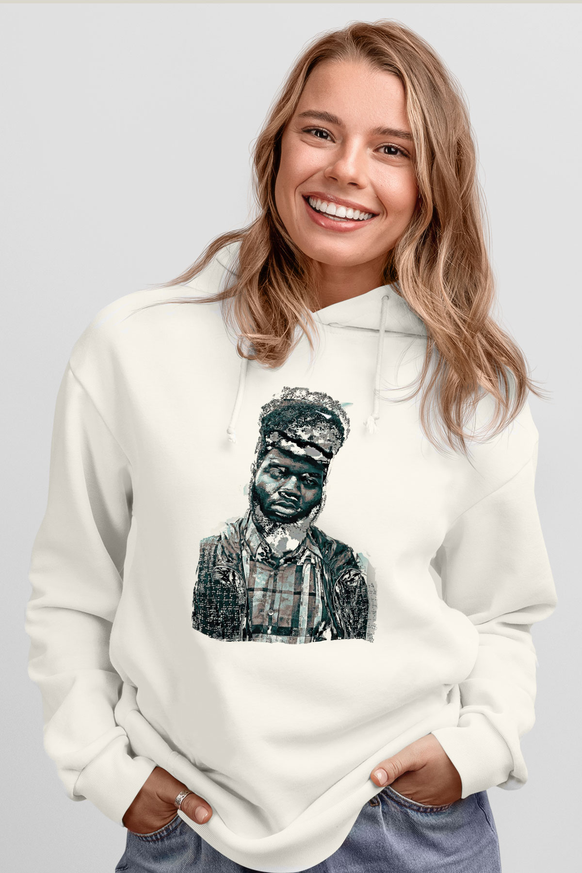 Khalid Baskılı Beyaz Unisex Kapüşonlu Sweatshirt