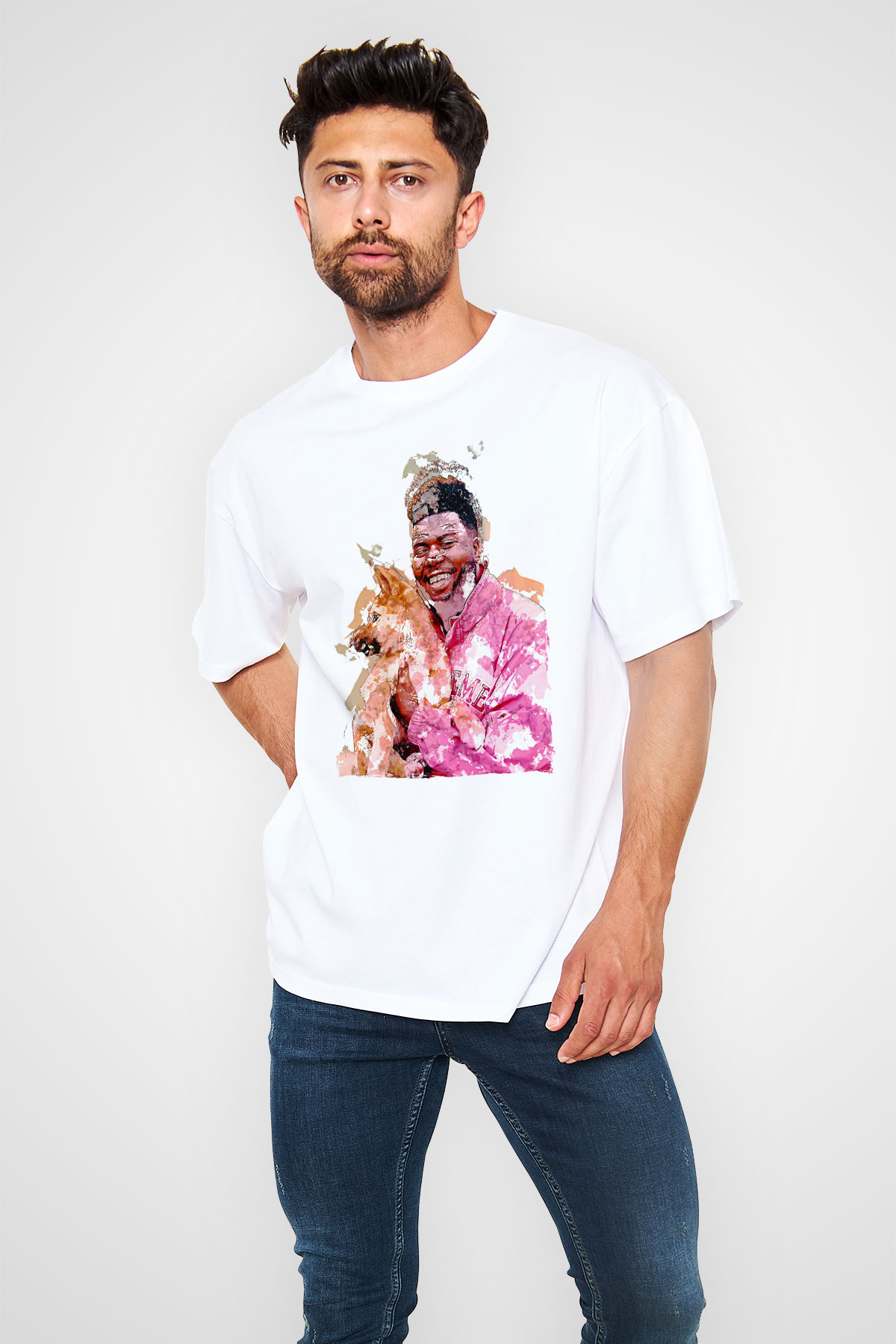 Khalid Baskılı Beyaz Unisex Oversize Tişört - Tshirt