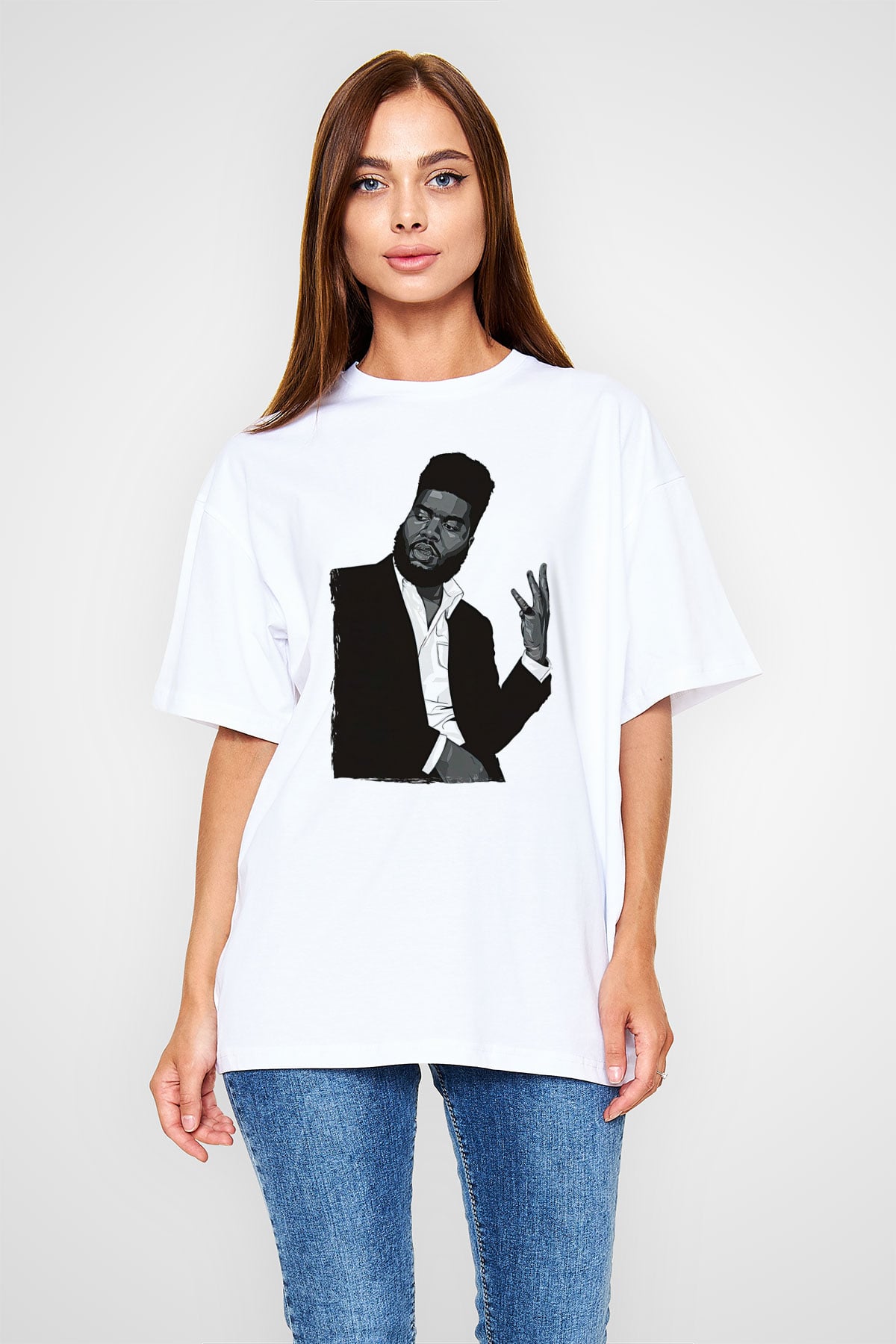 Khalid Baskılı Beyaz Unisex Oversize Tişört - Tshirt