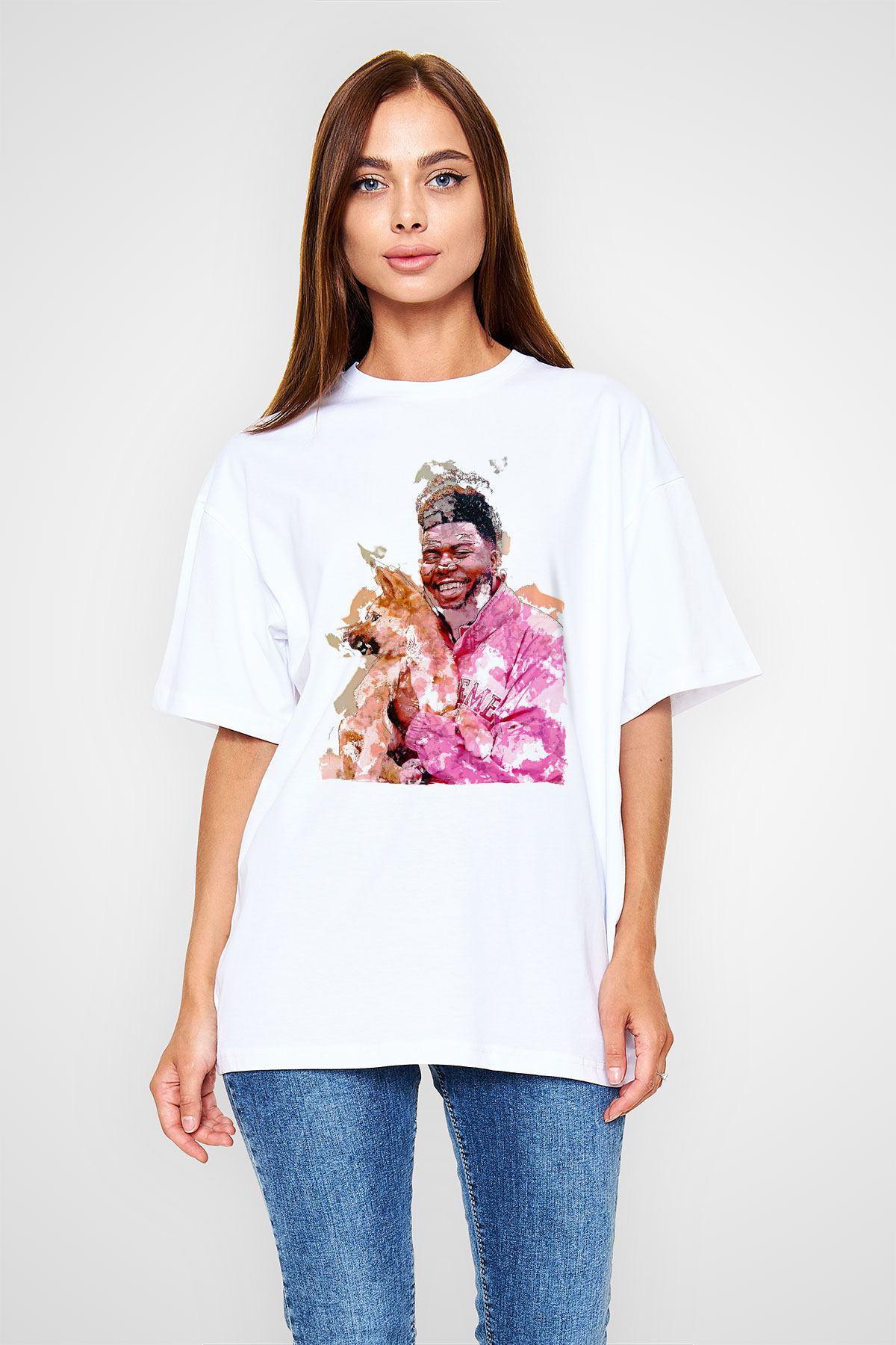 Khalid Baskılı Beyaz Unisex Oversize Tişört - Tshirt