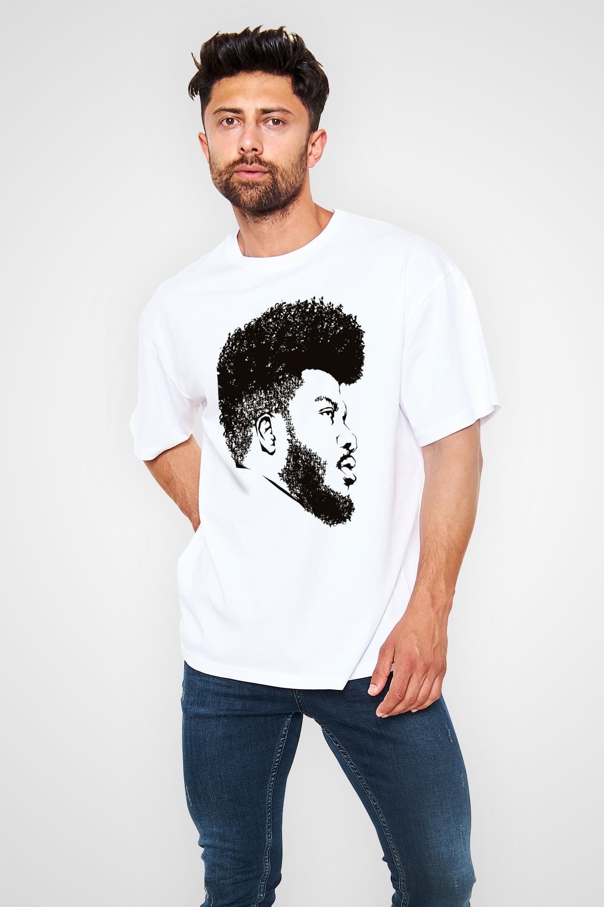 Khalid Baskılı Beyaz Unisex Oversize Tişört - Tshirt