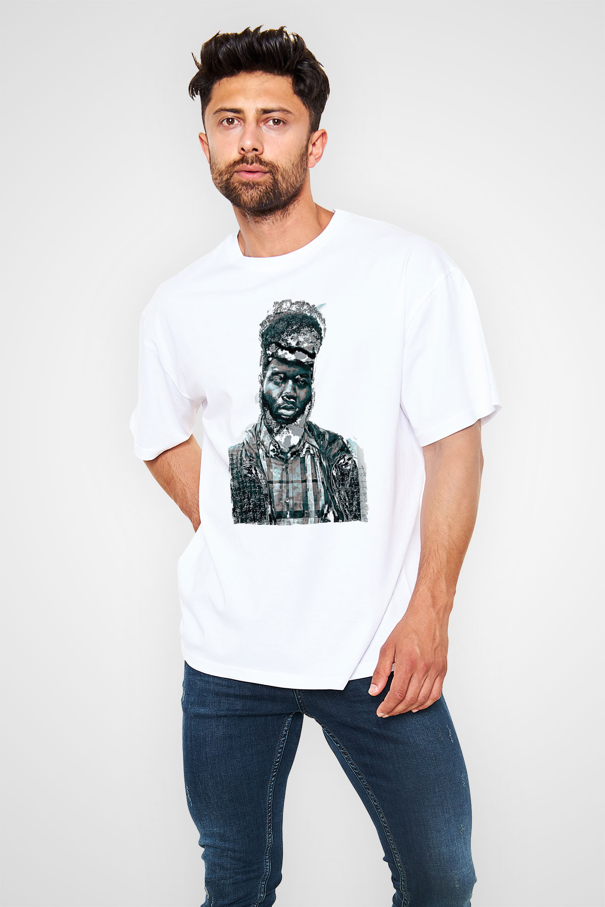 Khalid Baskılı Beyaz Unisex Oversize Tişört - Tshirt