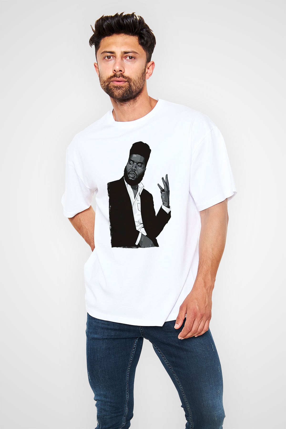 Khalid Baskılı Beyaz Unisex Oversize Tişört - Tshirt