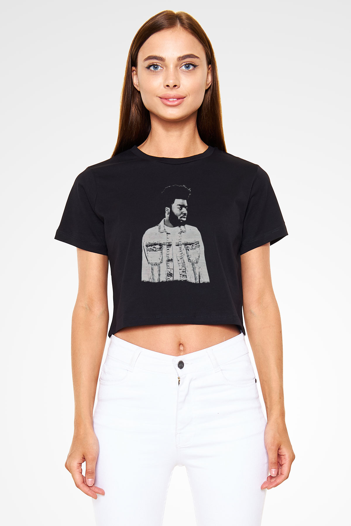 Khalid Baskılı Siyah Crop Top Kadın Tişört - Tshirt