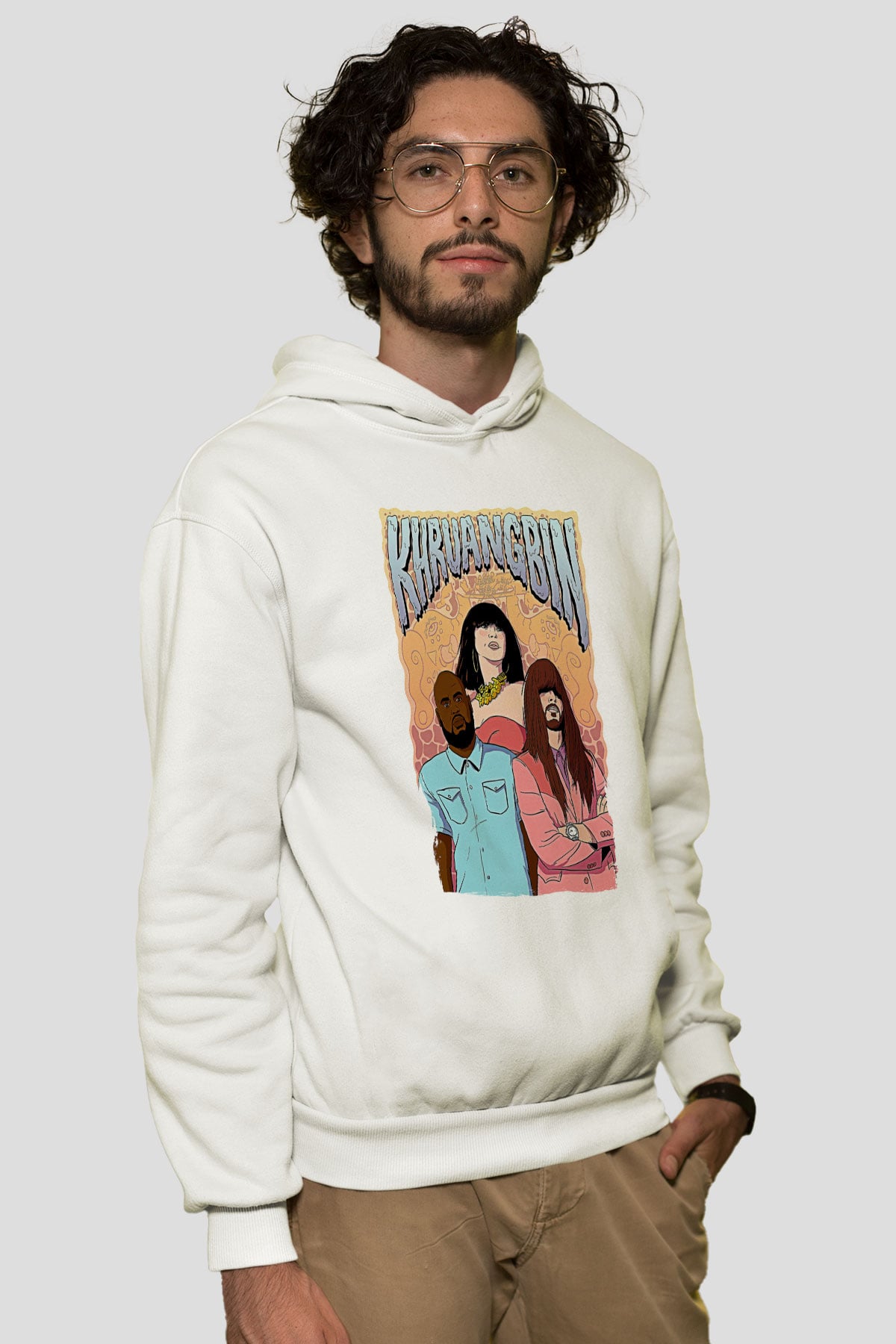 Khruanybin Baskılı Beyaz Unisex Kapüşonlu Sweatshirt