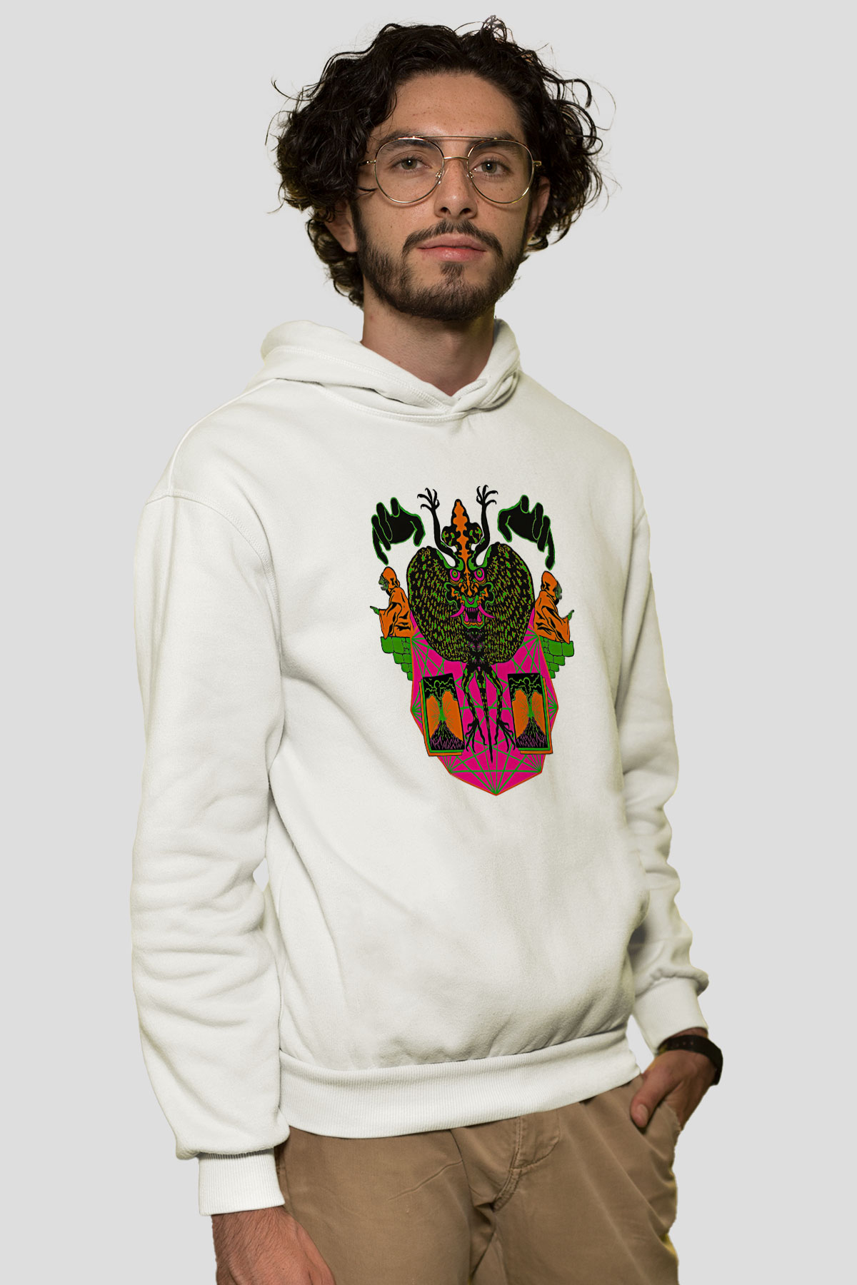 Khruanybin Baskılı Beyaz Unisex Kapüşonlu Sweatshirt