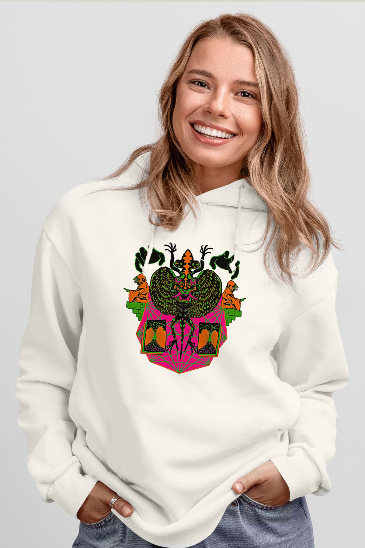 Khruanybin Baskılı Beyaz Unisex Kapüşonlu Sweatshirt