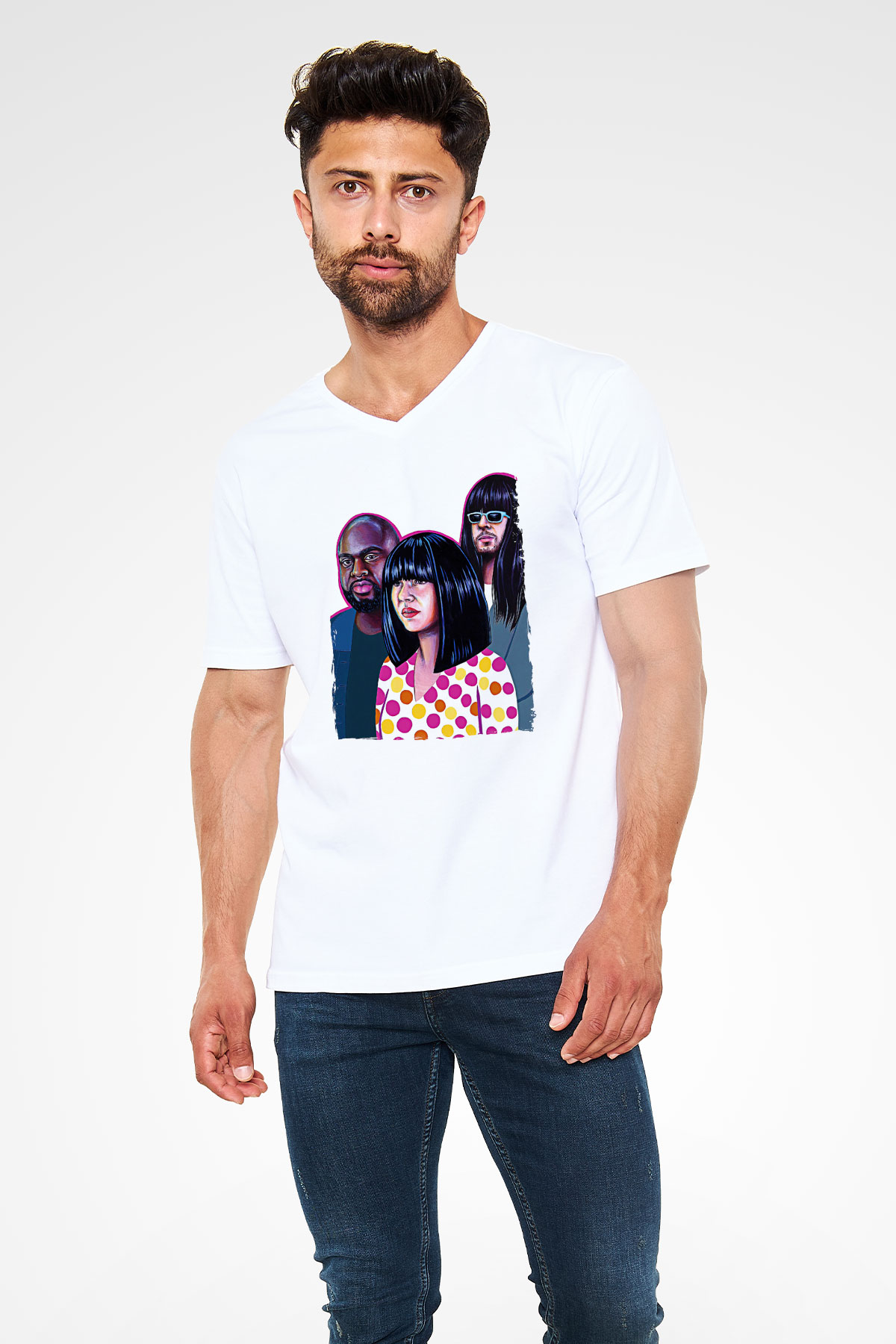 Khruanybin Baskılı Beyaz Unisex V Yaka Tişört - Tshirt