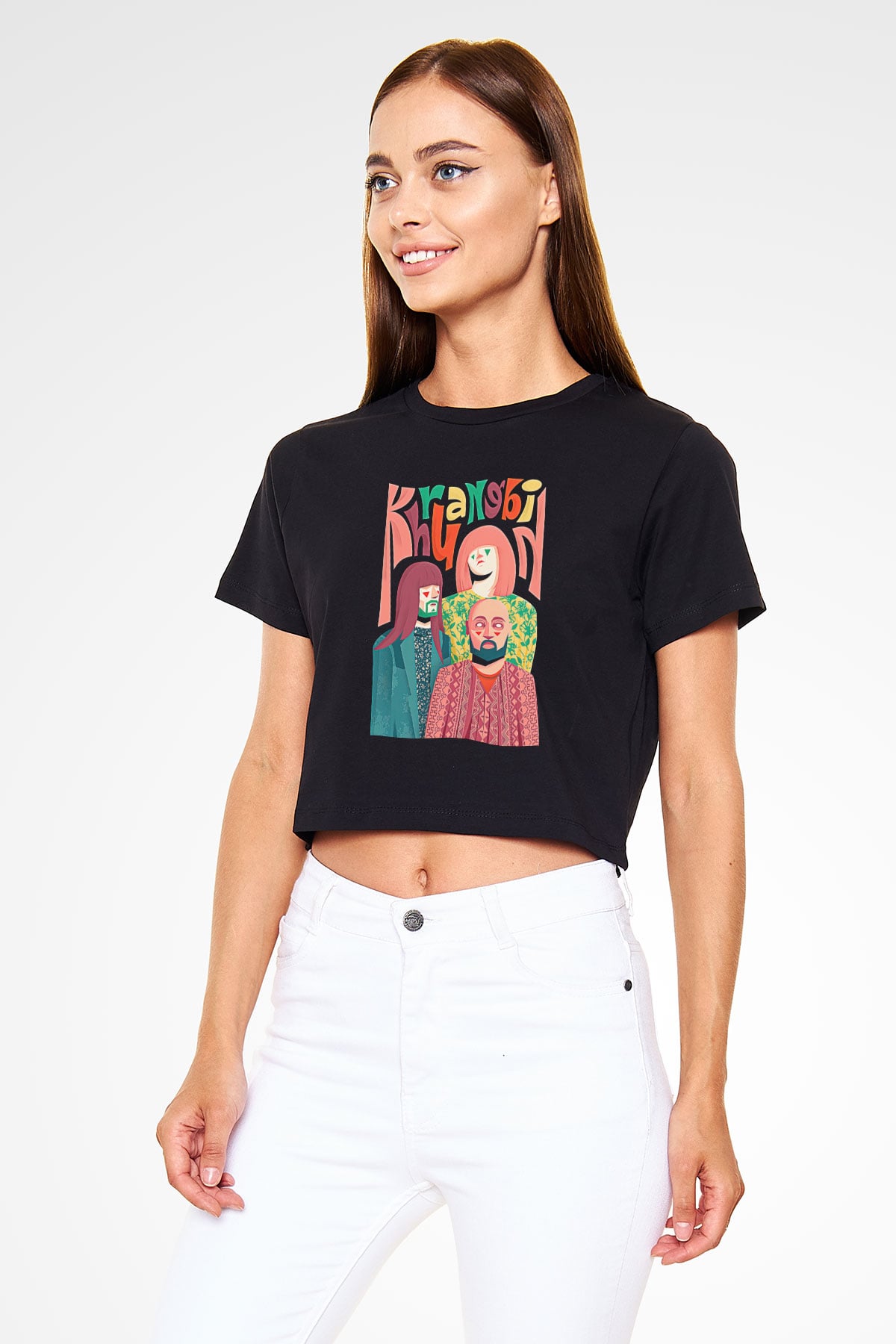 Khruanybin Baskılı Siyah Crop Top Kadın Tişört - Tshirt