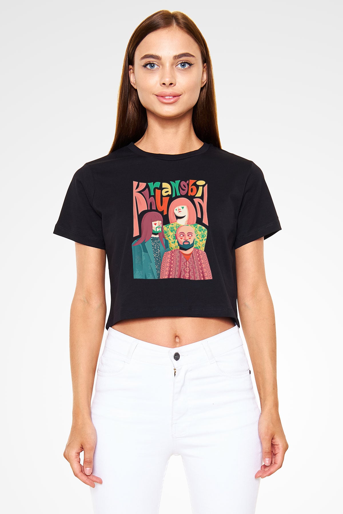 Khruanybin Baskılı Siyah Crop Top Kadın Tişört - Tshirt
