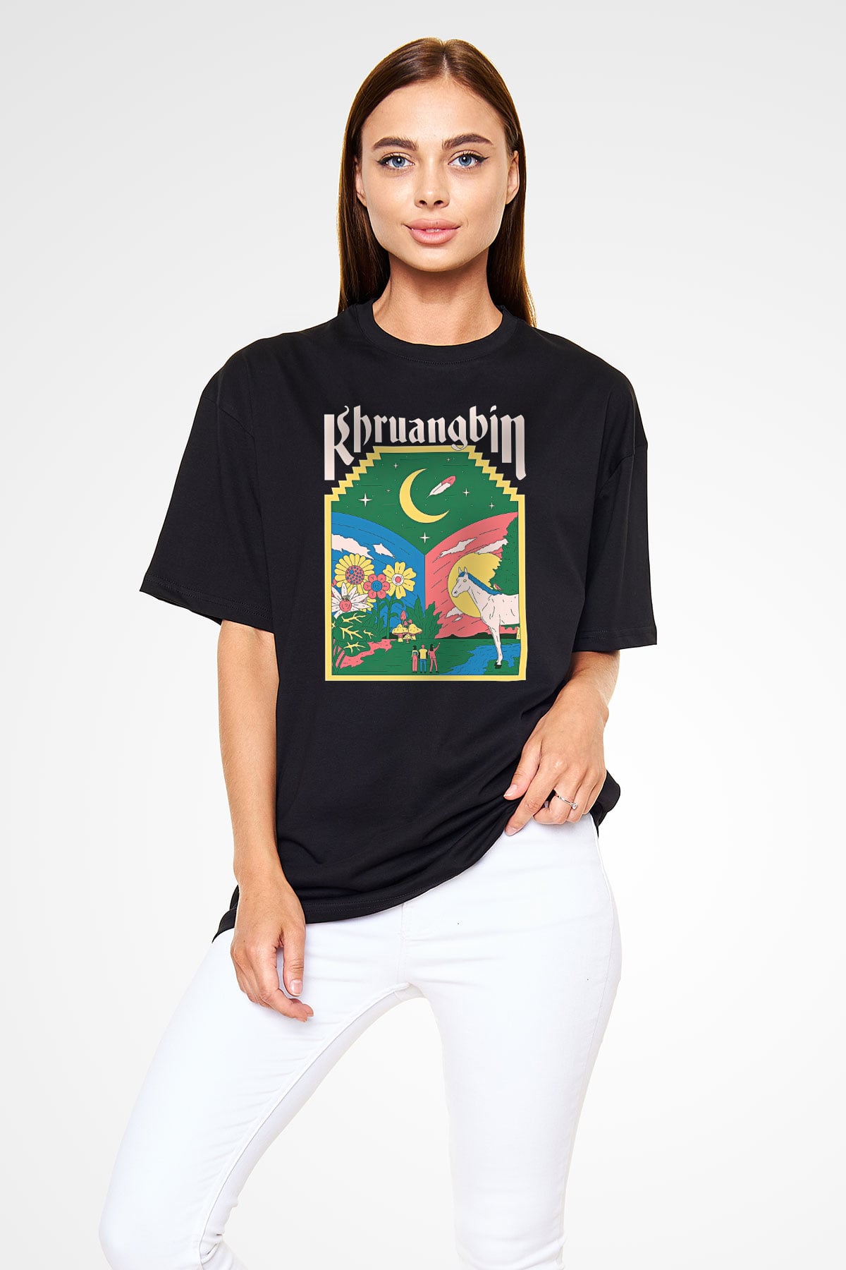 Khruanybin Baskılı Unisex Siyah Oversize Tişört - Tshirt