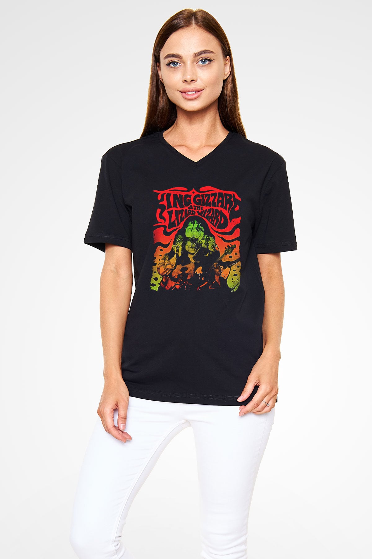Khruanybin Baskılı Unisex Siyah V Yaka Tişört - Tshirt